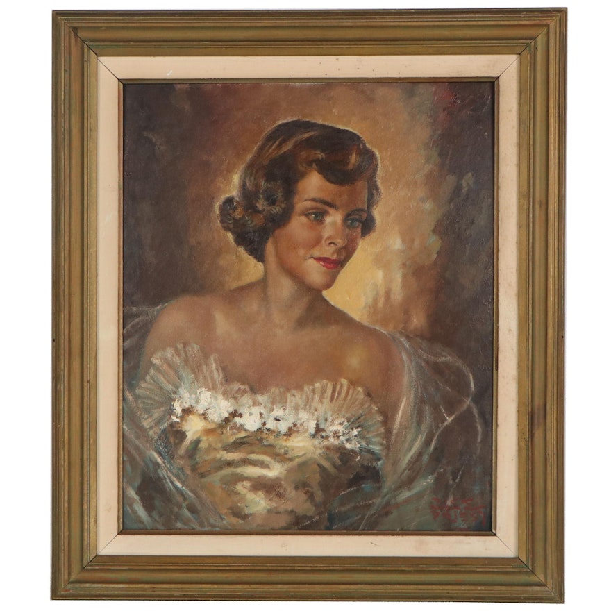 Portrait Oil Painting of Woman in Tulle Dress, Mid-20th Century