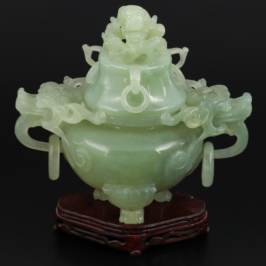 Chinese Carved Serpentine Dragon Handled Censer on Wood Base