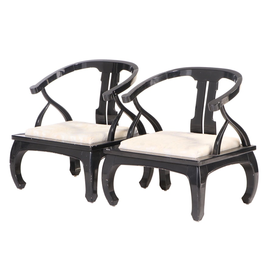 Pair of Chinese Black Lacquer Horseshoe-Back Armchairs, Mid to Late 20th Century