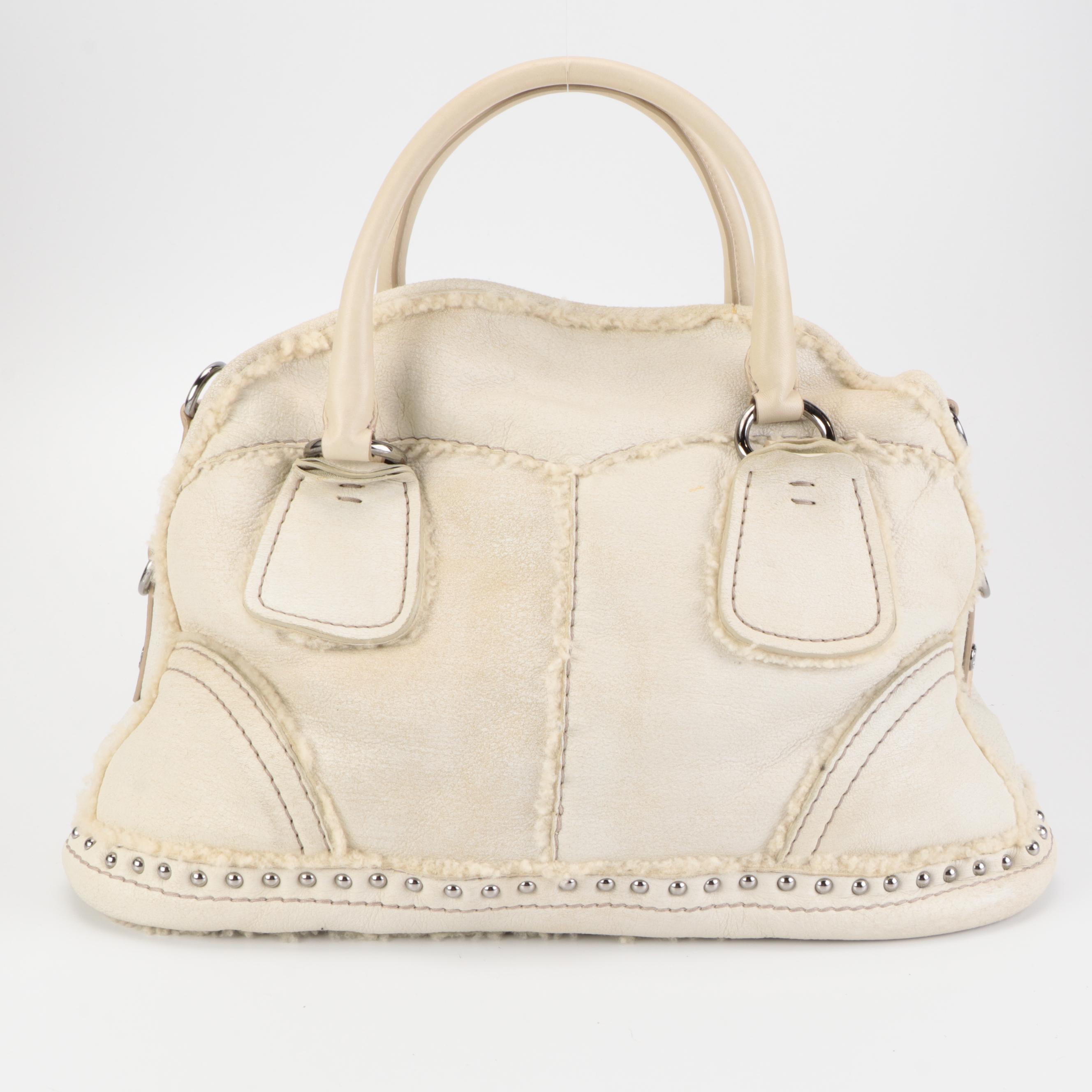 Prada Convertible Domed Bag in White Shearling with Round Stud Embellishments