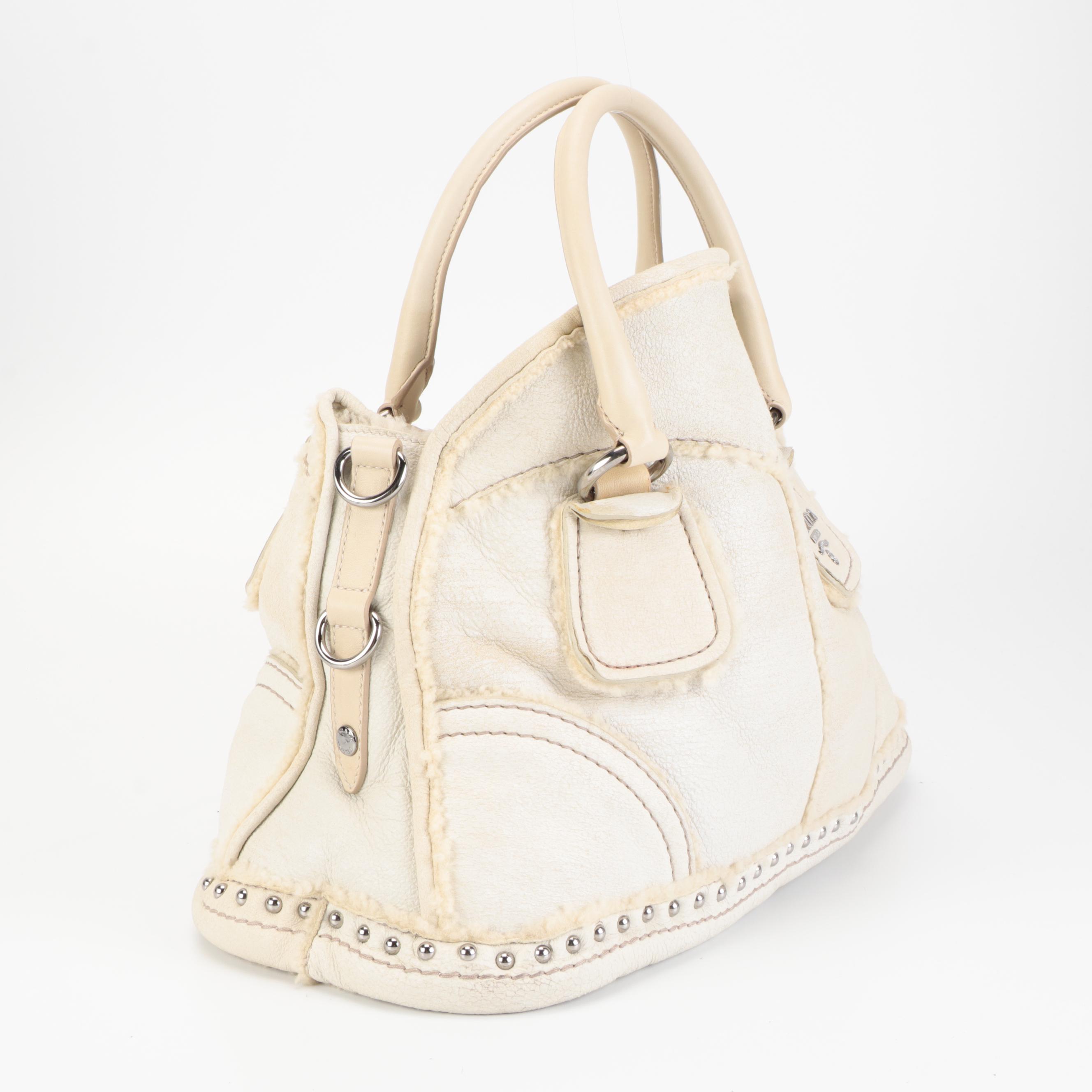 Prada Convertible Domed Bag in White Shearling with Round Stud Embellishments