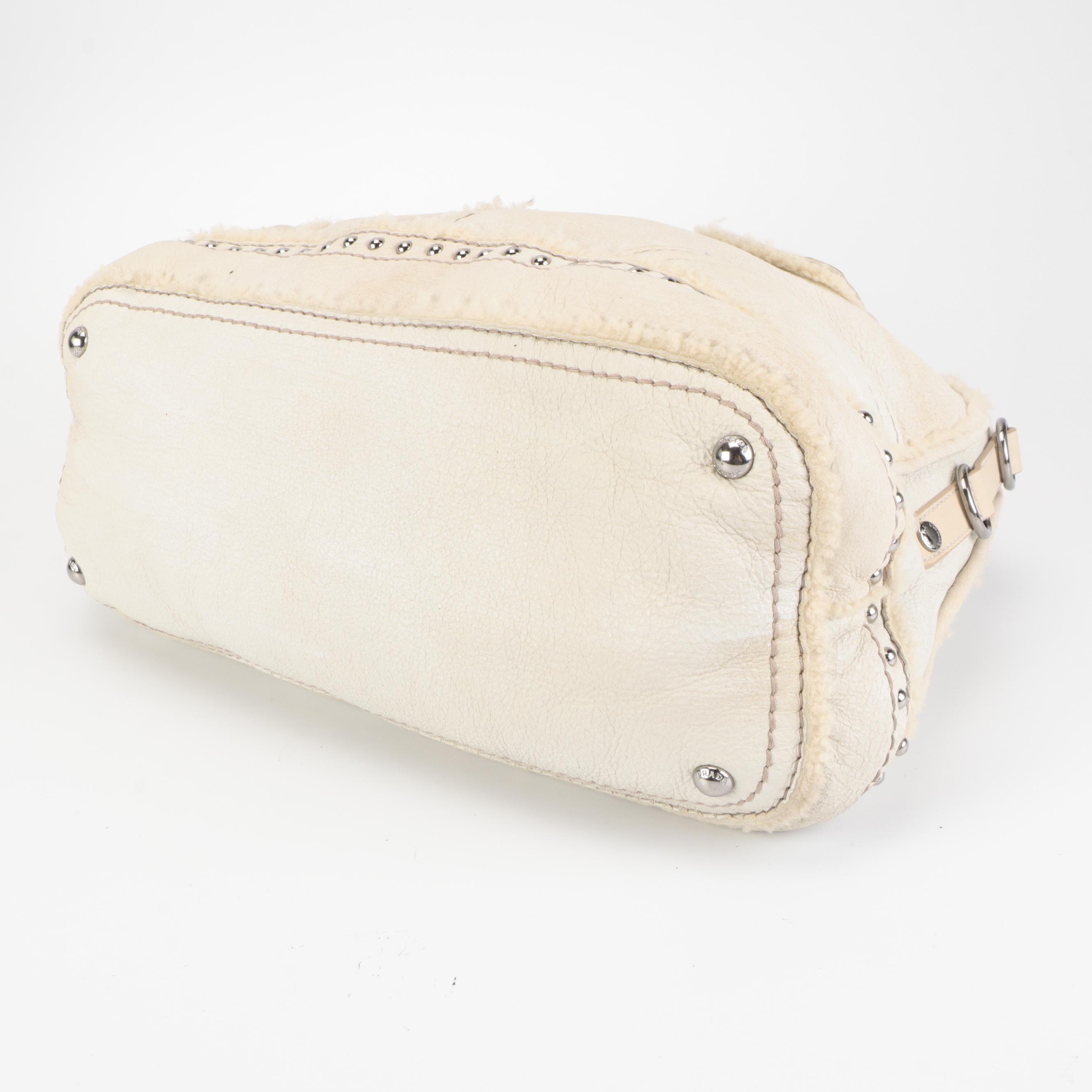 Prada Convertible Domed Bag in White Shearling with Round Stud Embellishments