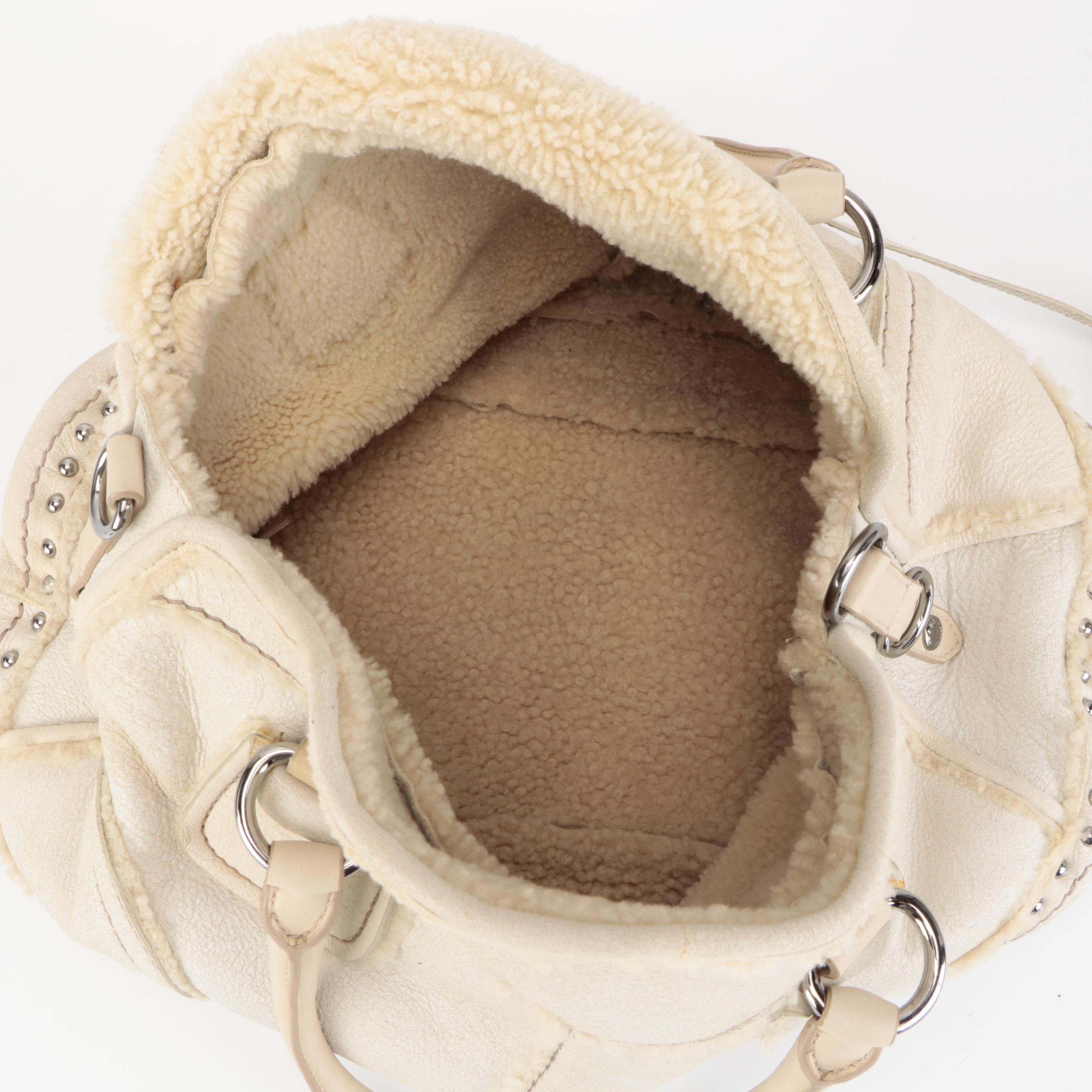 Prada Convertible Domed Bag in White Shearling with Round Stud Embellishments