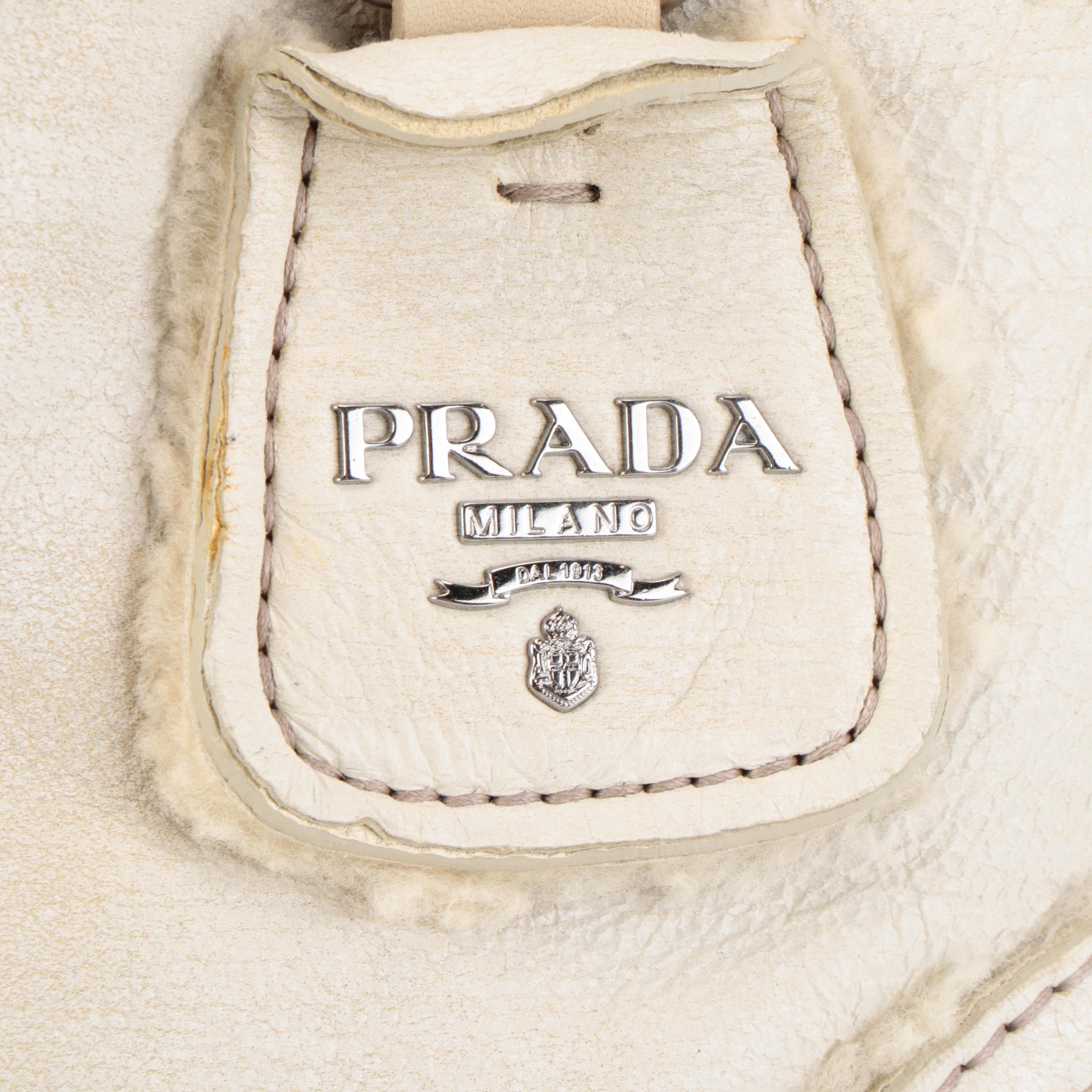 Prada Convertible Domed Bag in White Shearling with Round Stud Embellishments