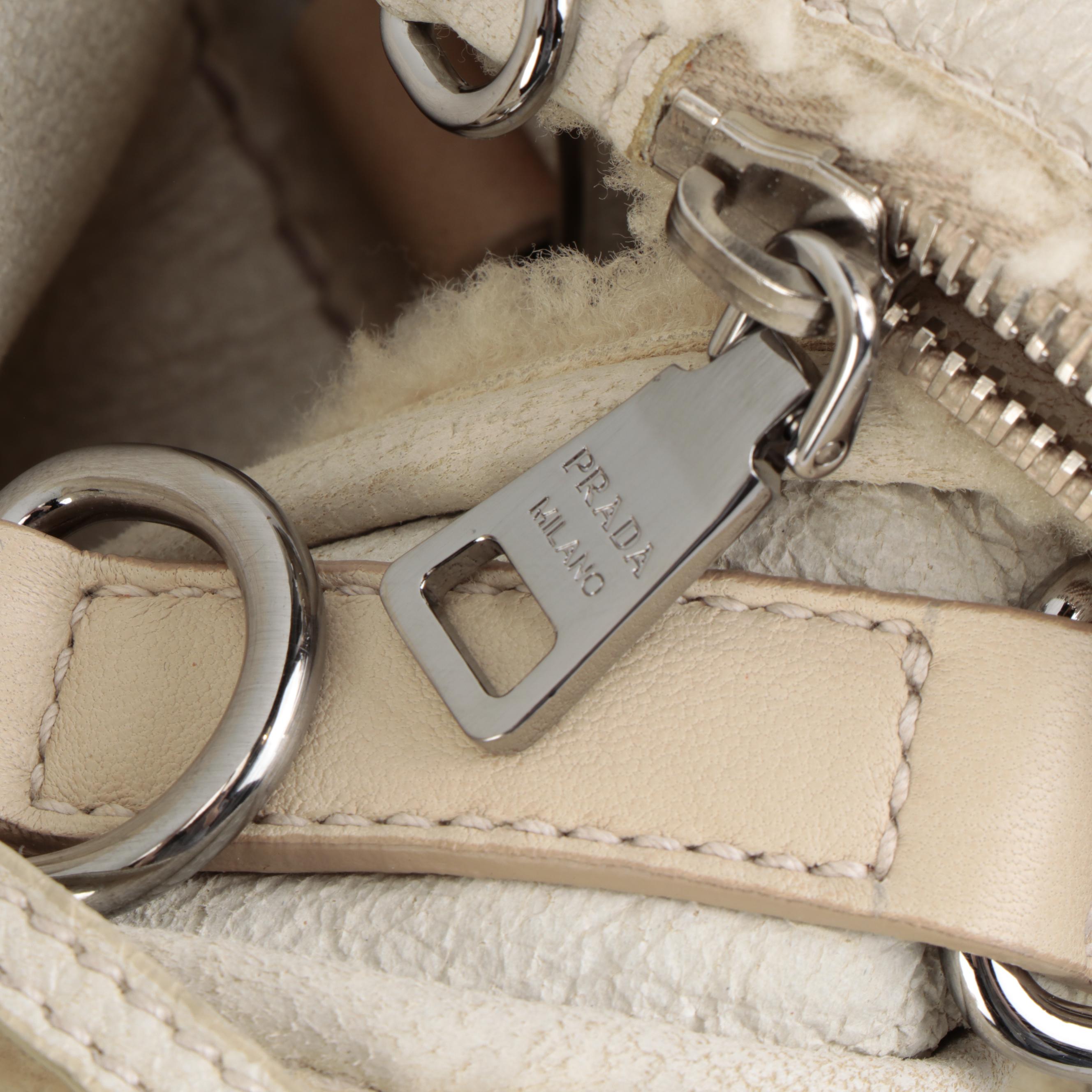 Prada Convertible Domed Bag in White Shearling with Round Stud Embellishments