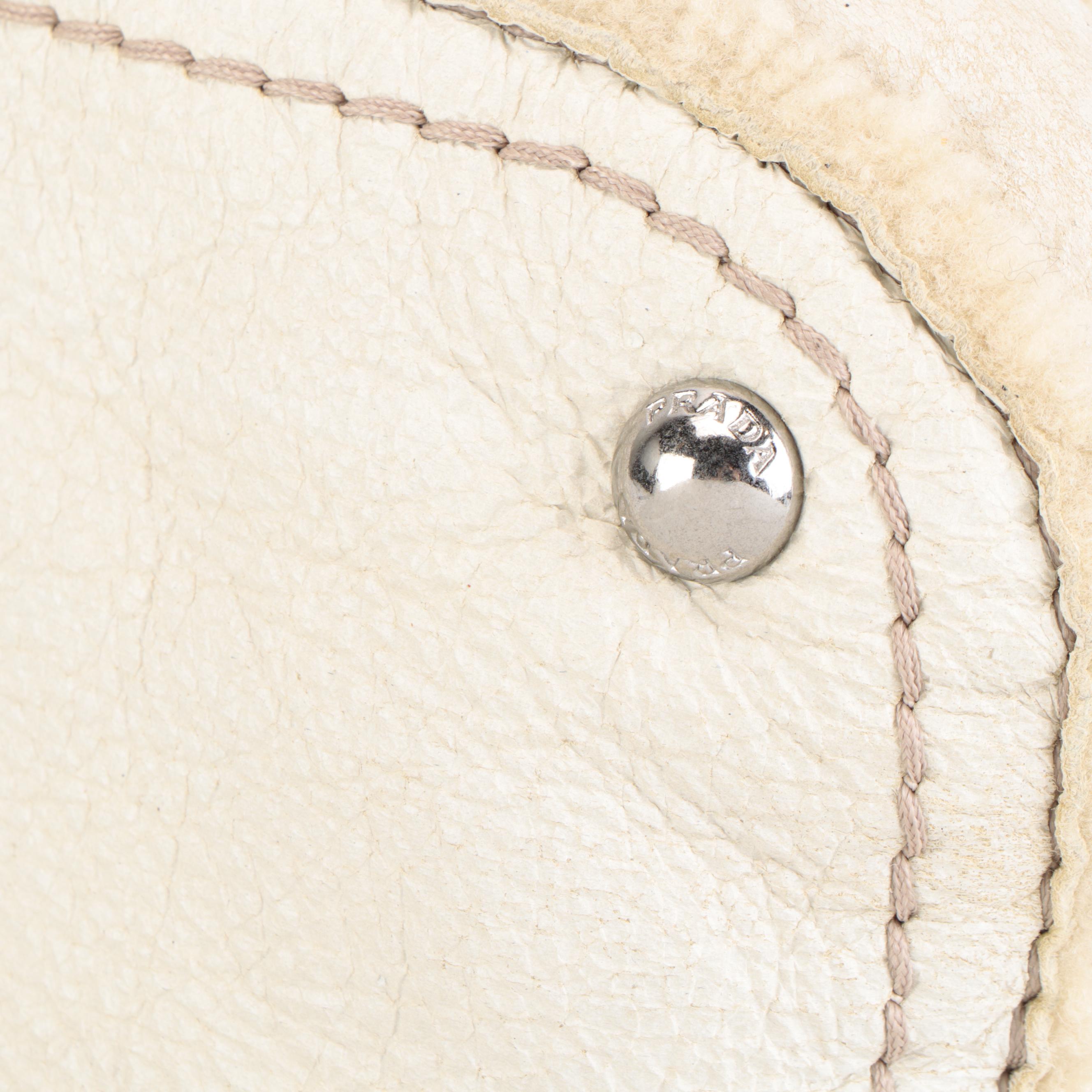 Prada Convertible Domed Bag in White Shearling with Round Stud Embellishments