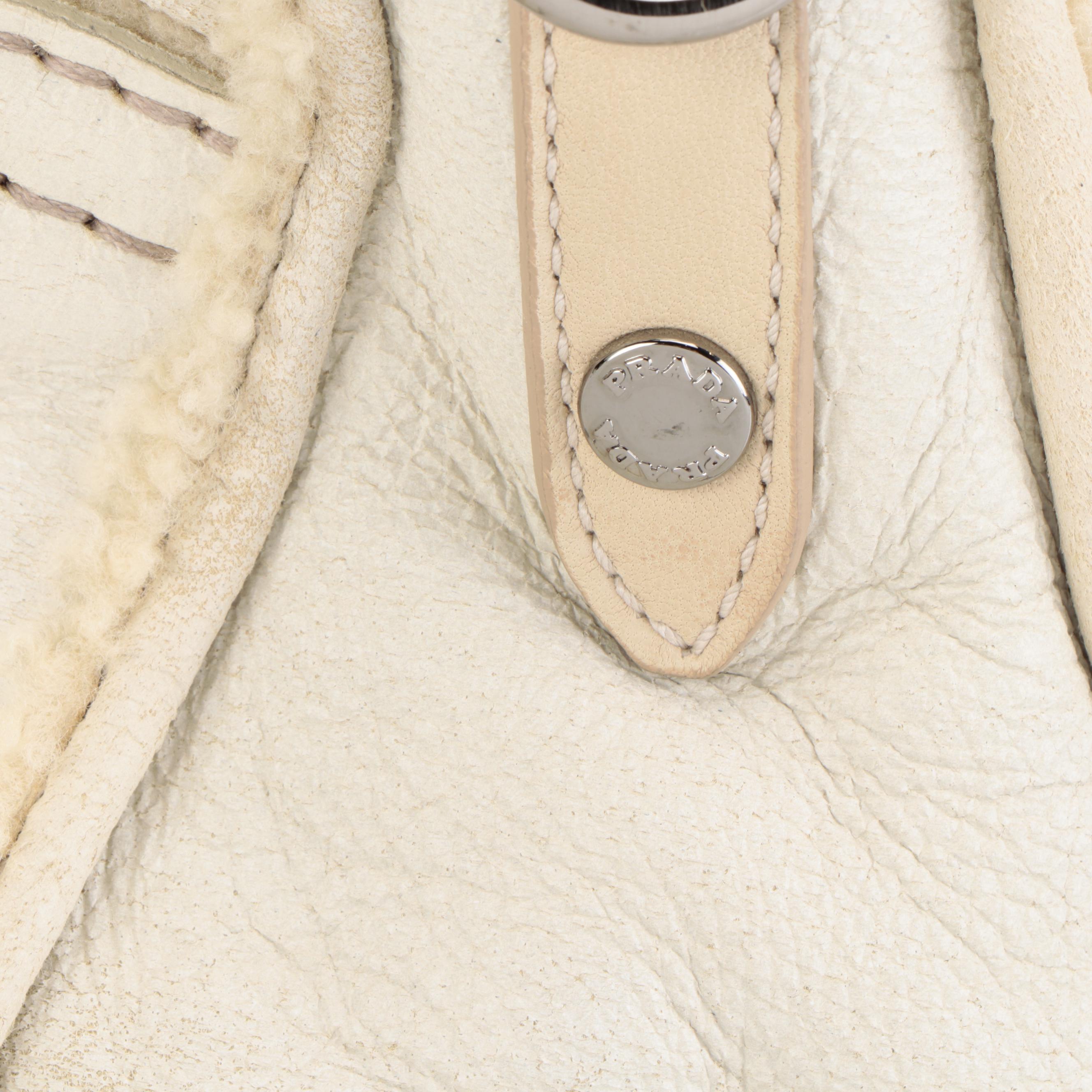 Prada Convertible Domed Bag in White Shearling with Round Stud Embellishments