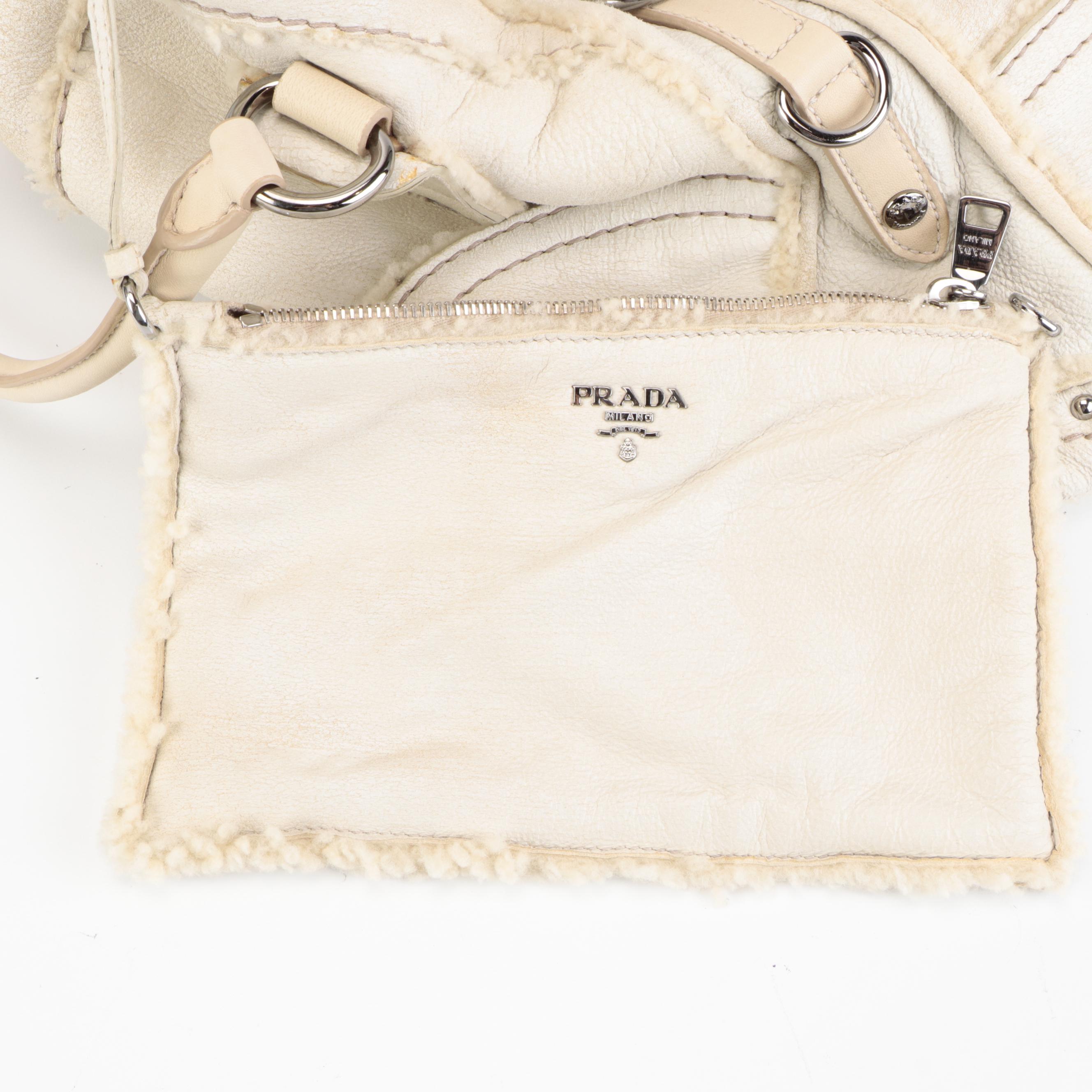 Prada Convertible Domed Bag in White Shearling with Round Stud Embellishments
