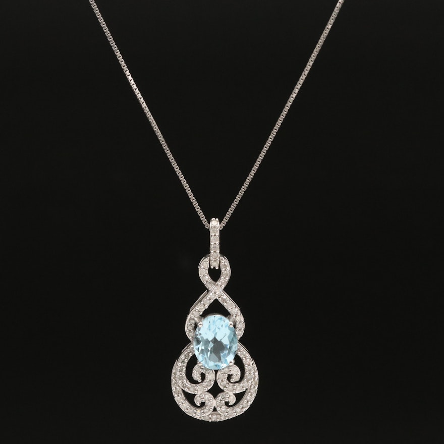 14K Sky Blue Topaz and Diamond Pendant on Sterling Silver Chain