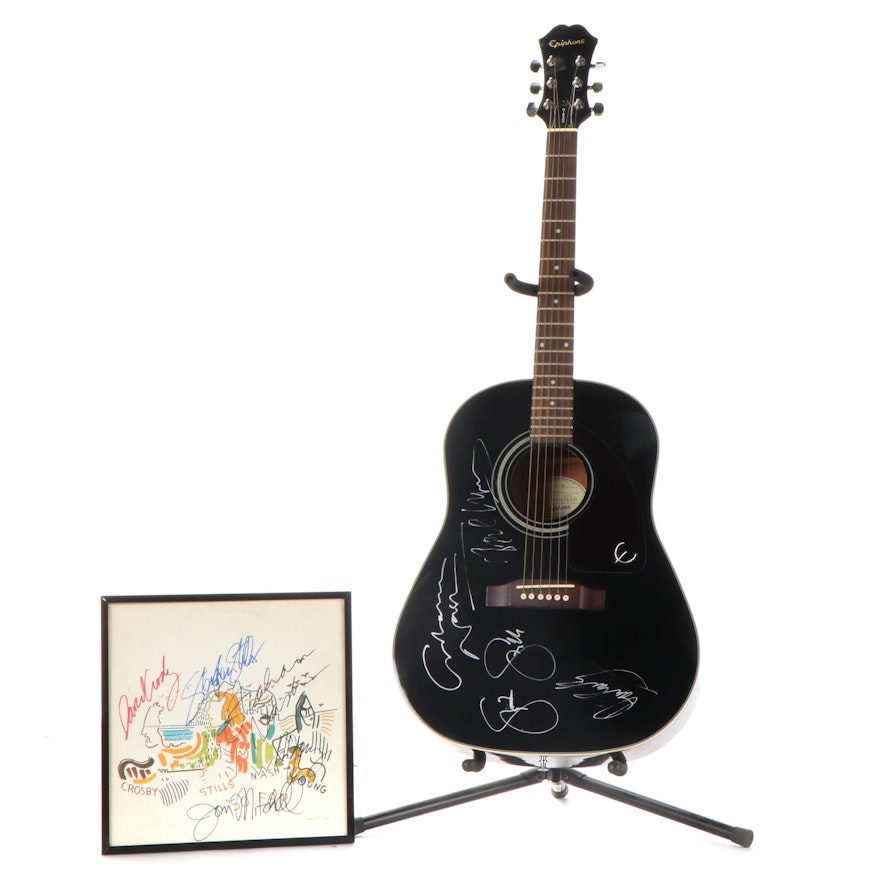 Joni Mitchell, Crosby, Stills, Nash, Young Signed Album, COA, and Signed Guitar