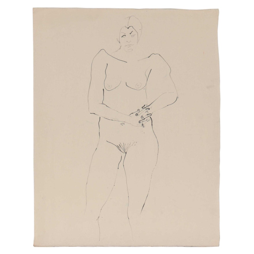 John Tuska Figural Ink Drawing of Standing Female Nude, Late 20th Century