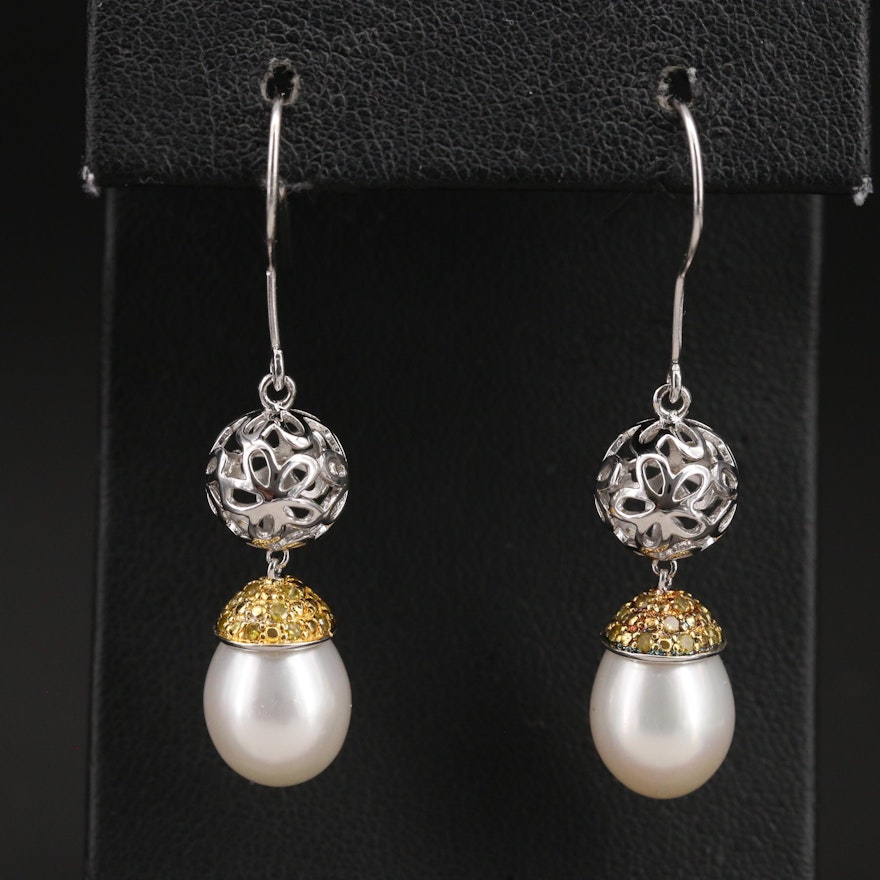 Sterling Pearl and Diamond Earrings