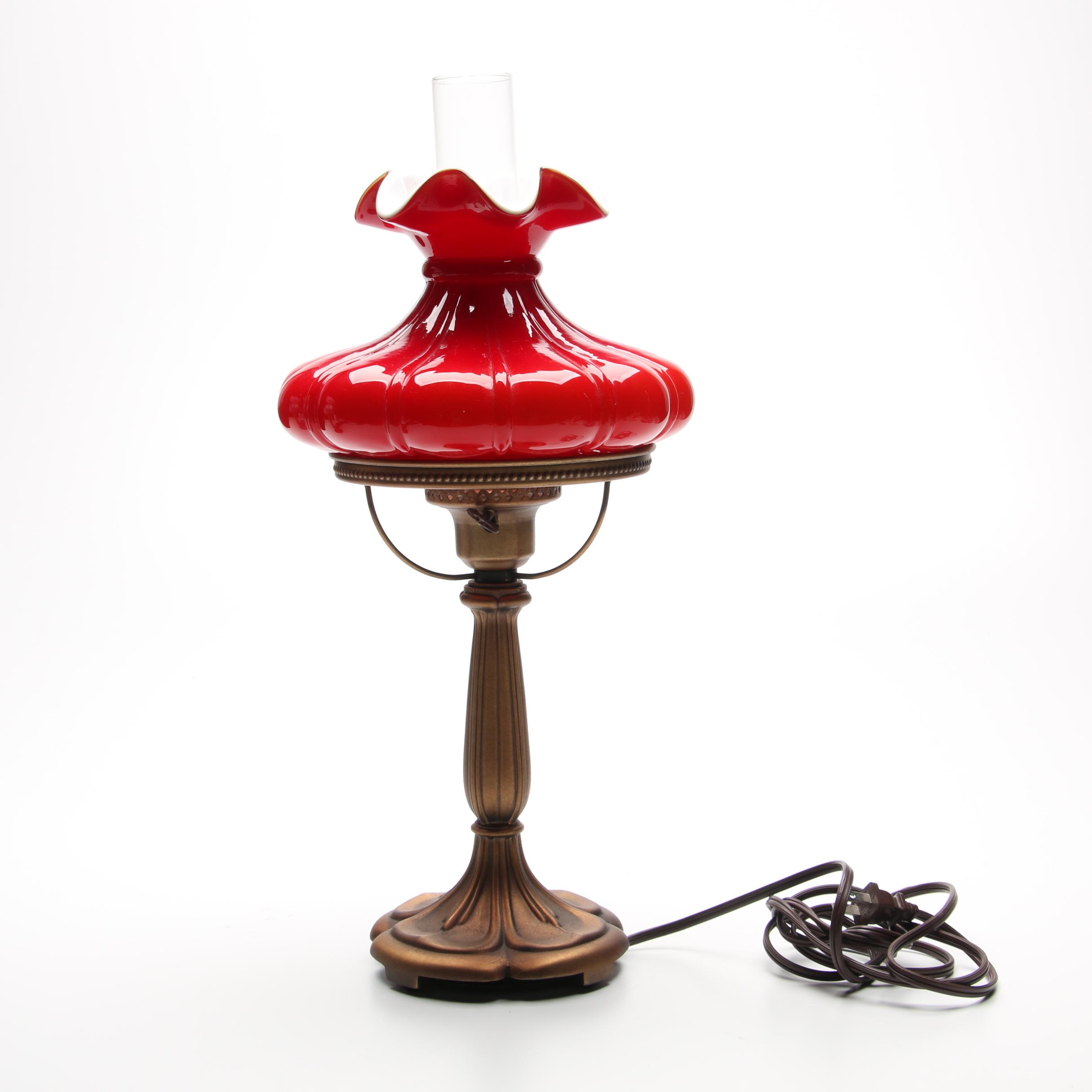 Fenton Hand-Painted Pink Satin Glass Table Lamp with Ruby Cased Lamp