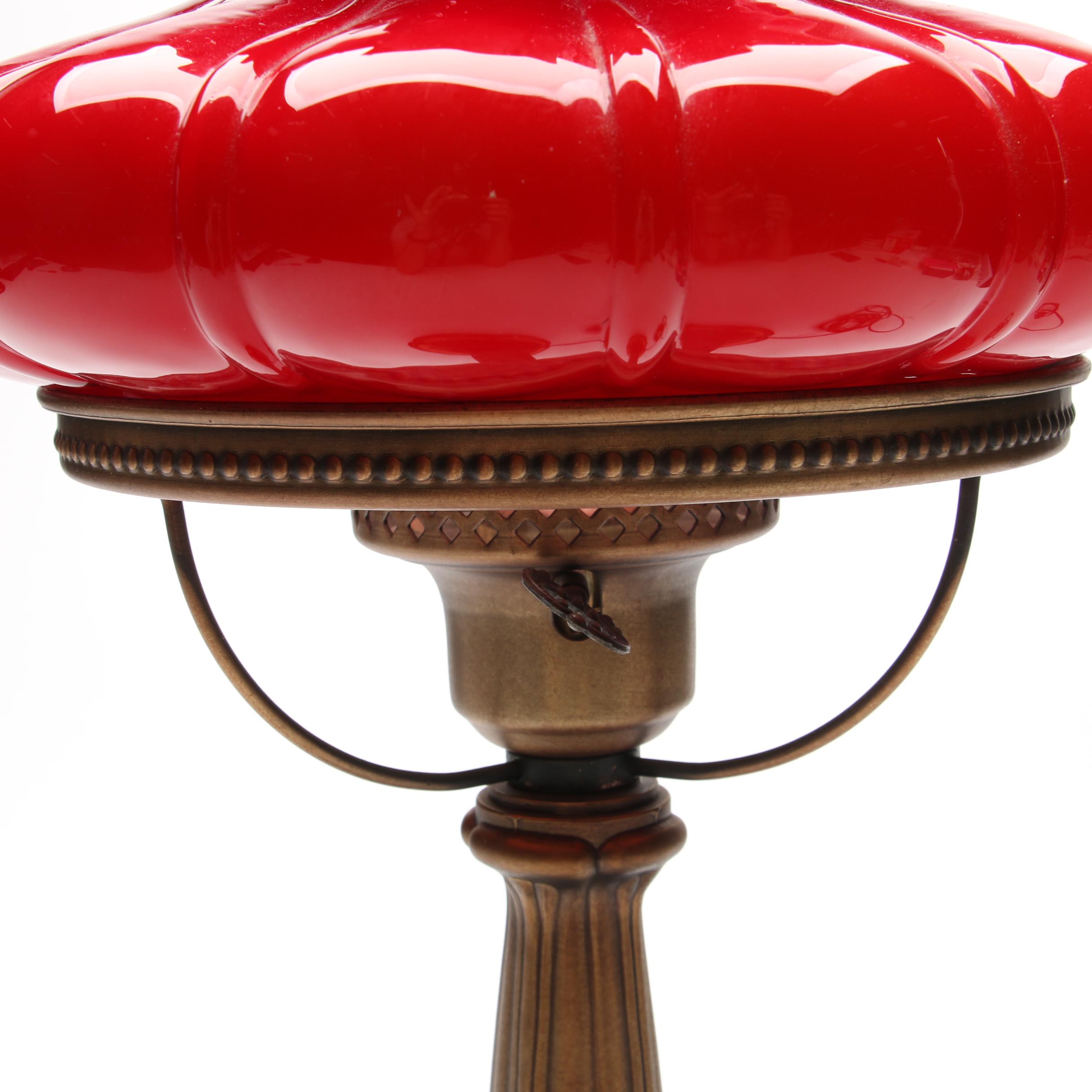 Fenton Hand-Painted Pink Satin Glass Table Lamp with Ruby Cased Lamp