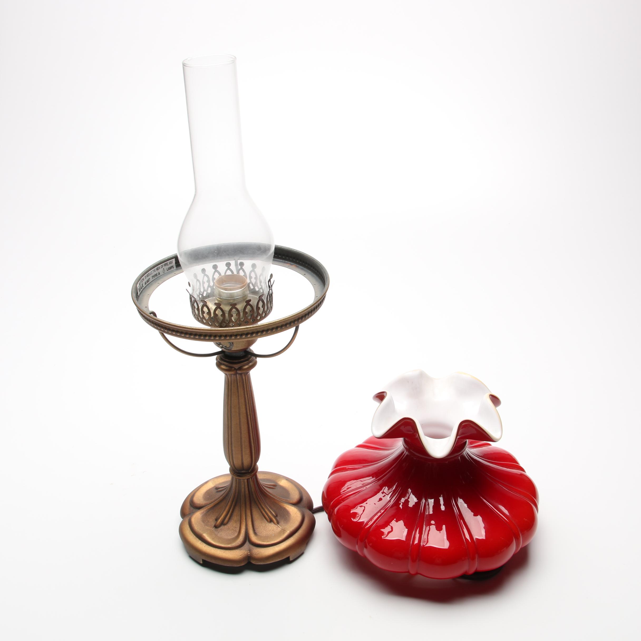 Fenton Hand-Painted Pink Satin Glass Table Lamp with Ruby Cased Lamp