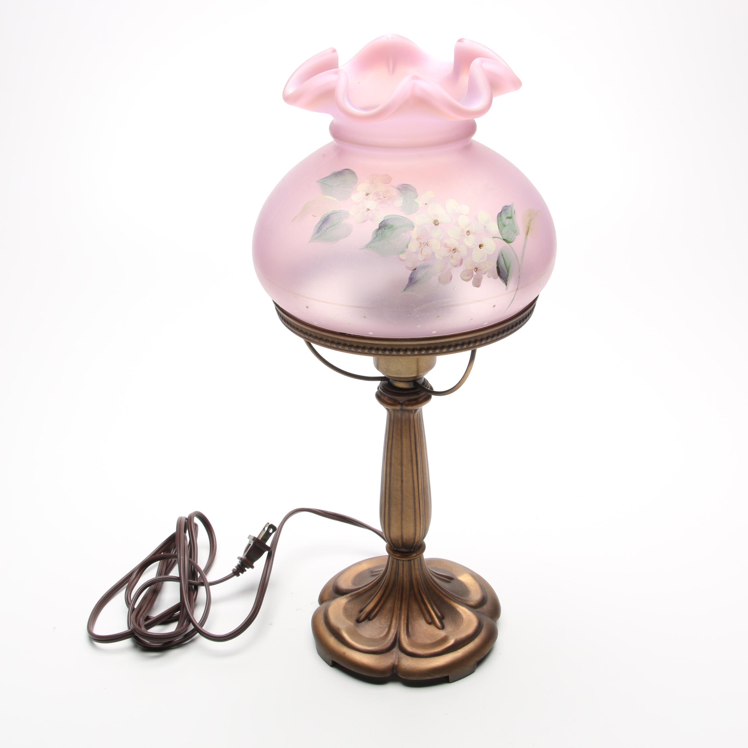 Fenton Hand-Painted Pink Satin Glass Table Lamp with Ruby Cased Lamp