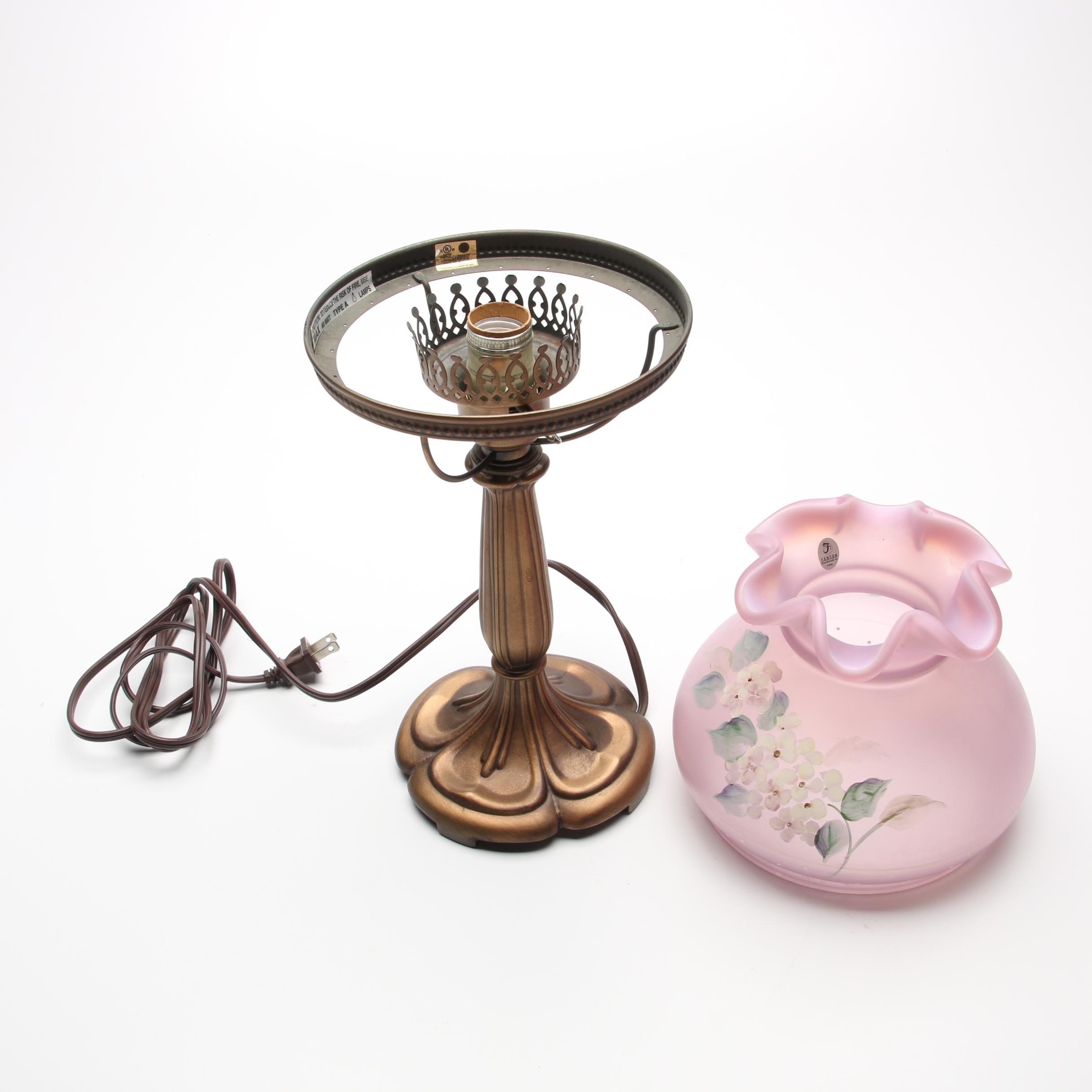 Fenton Hand-Painted Pink Satin Glass Table Lamp with Ruby Cased Lamp