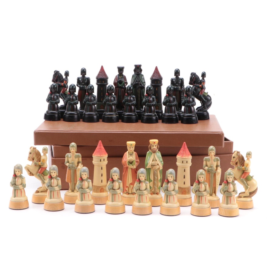 Hand-Painted Resin and Wood Chess Pieces, Mid-20th Century