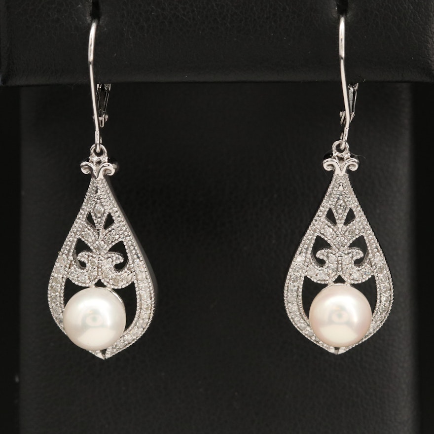 Sterling Silver Pearl and Diamond Drop Earrings