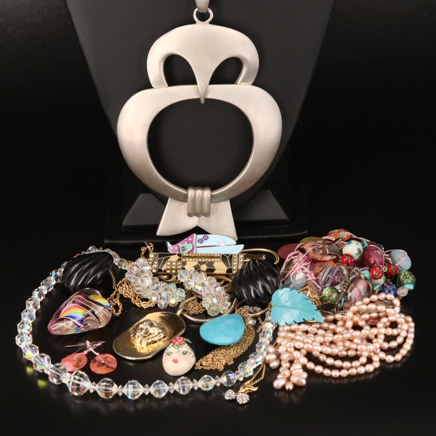 Jewelry Grouping Including Owl, Sautoir Necklace and Lampwork Bead Bracelet