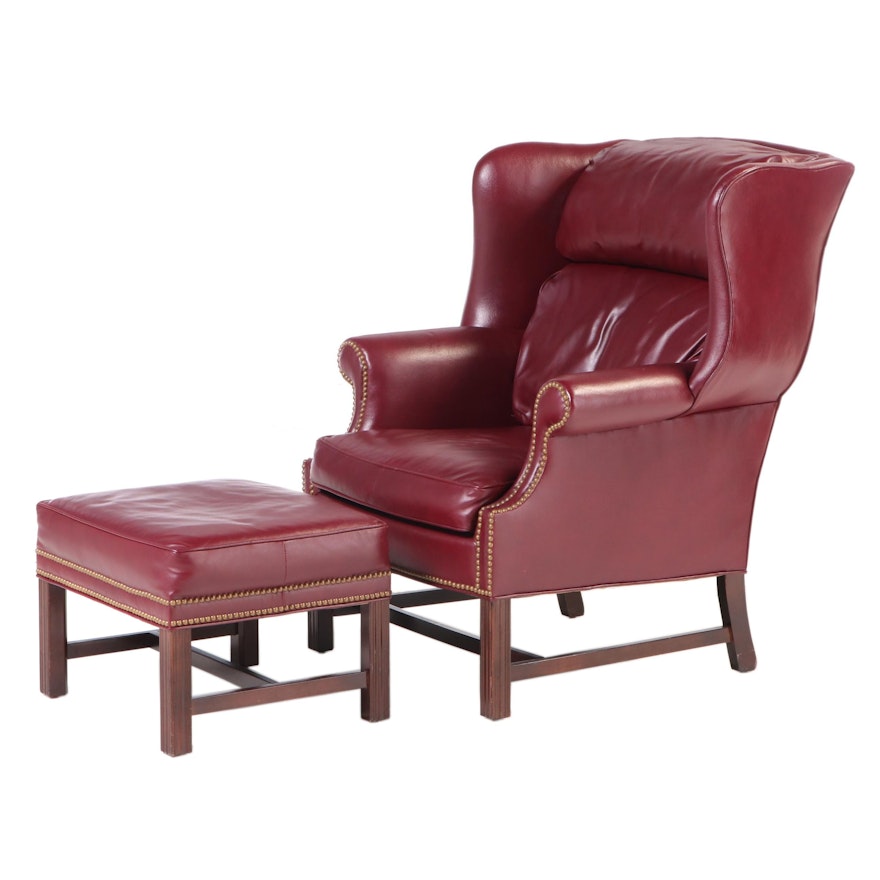 Huffman Koos Brass-Tacked Burgundy Leather Wingback Armchair and Ottoman