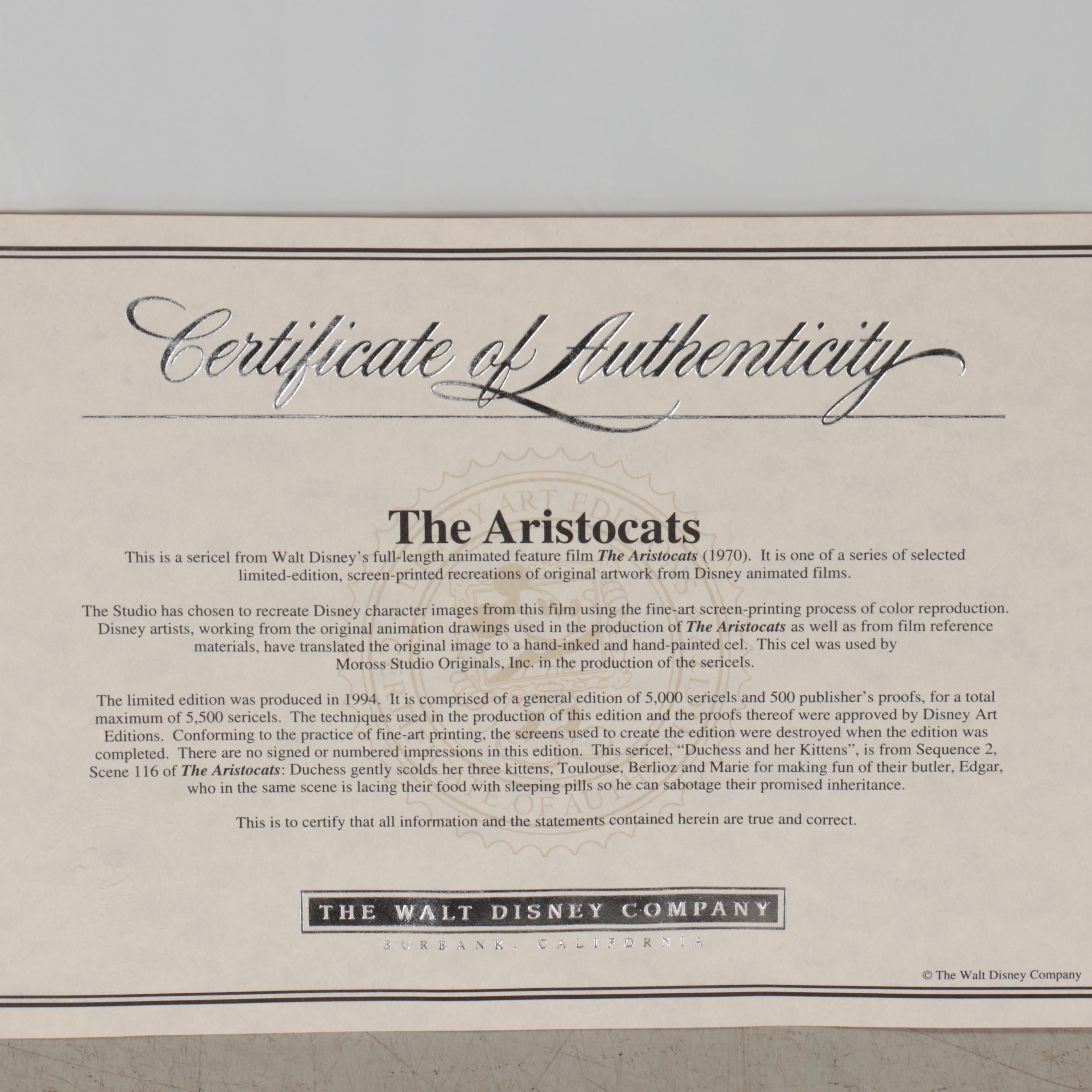 Disney "The Aristocats" Sericel "Duchess and Her Kittens," 1994