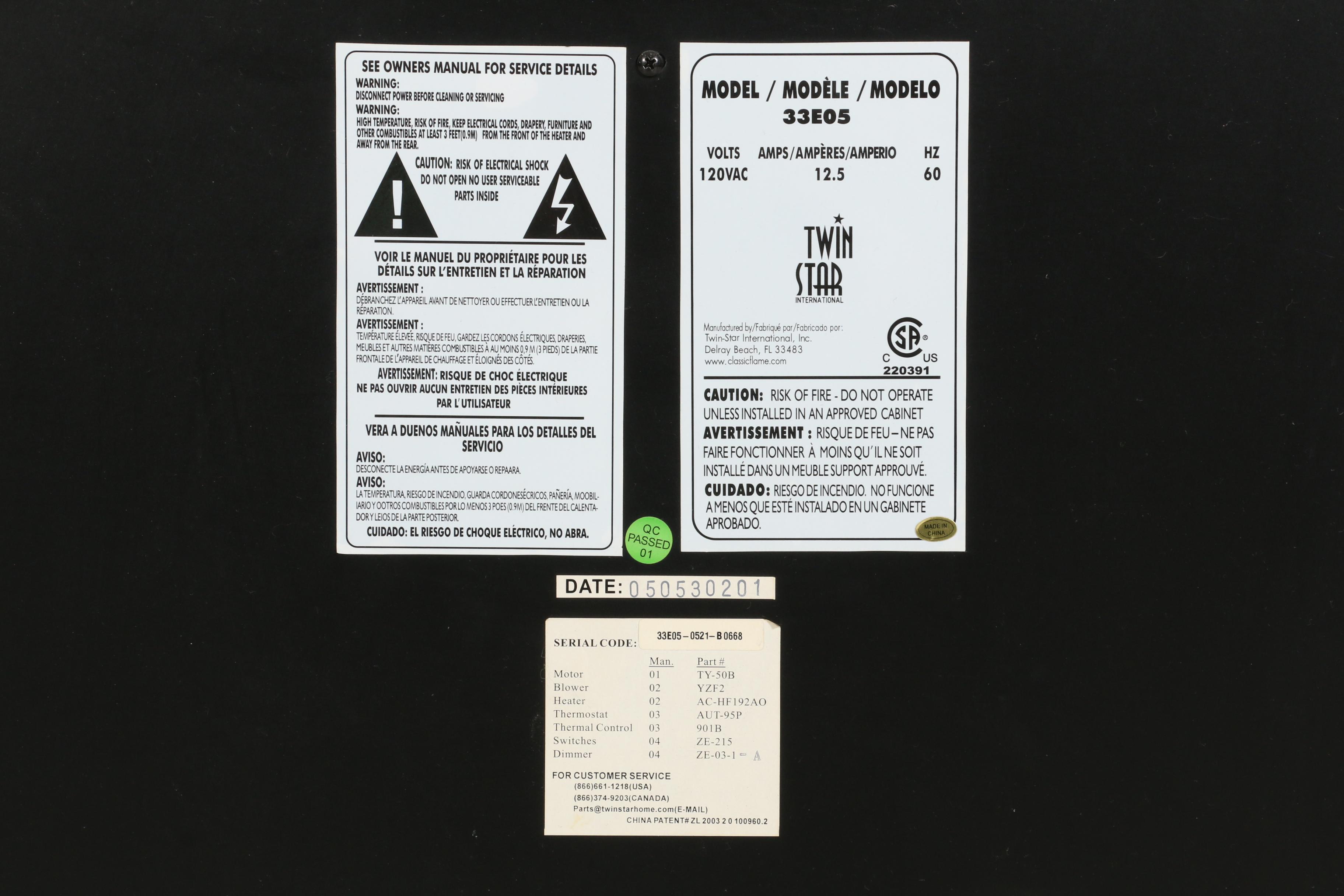 Twin Star Model 33E05 Electric Fireplace in Mahogany Case