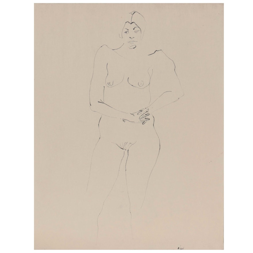 John Tuska Figural Ink Drawing of Standing Female Nude, Late 20th Century