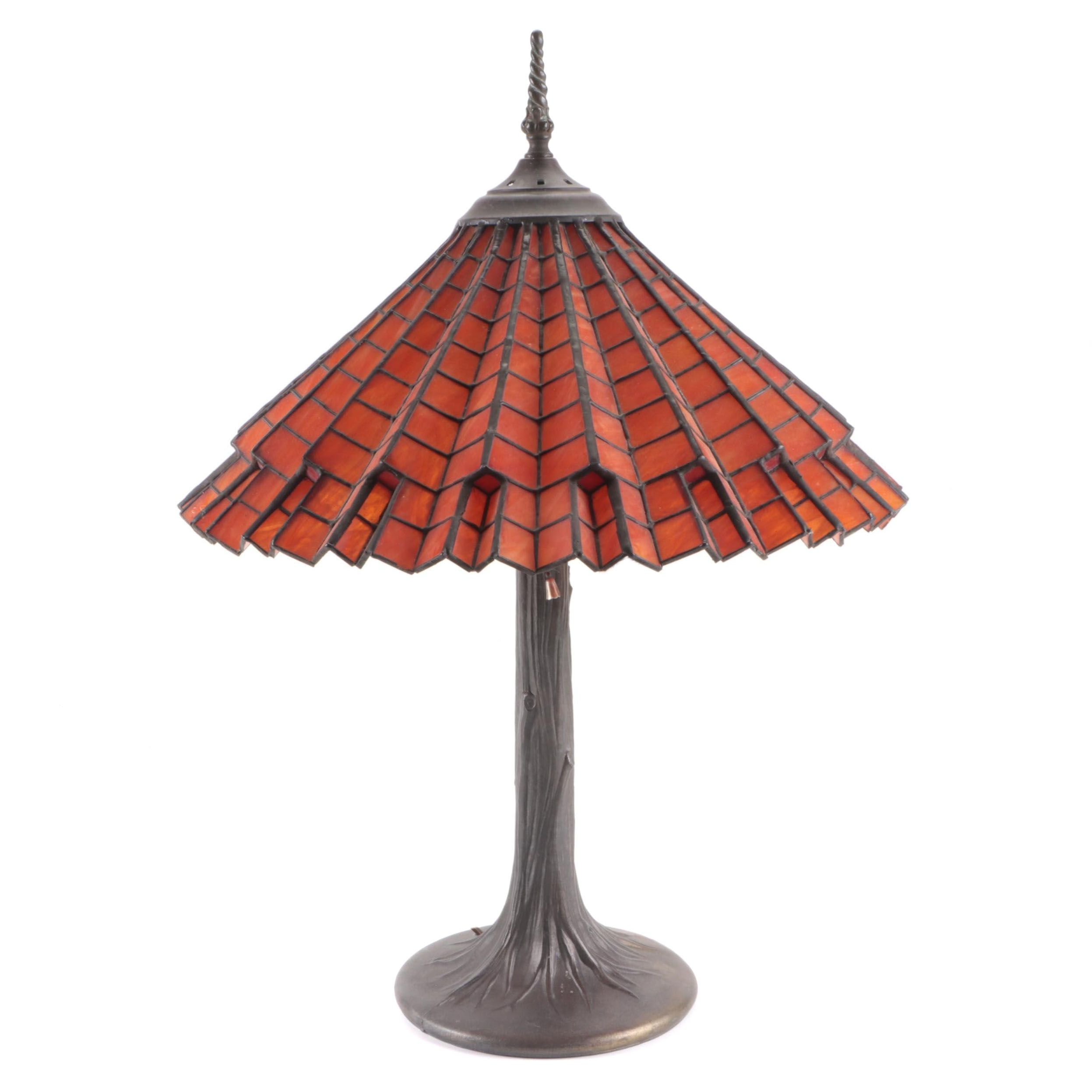 Burnt Orange Slag Glass Pleated Shade Table Lamp