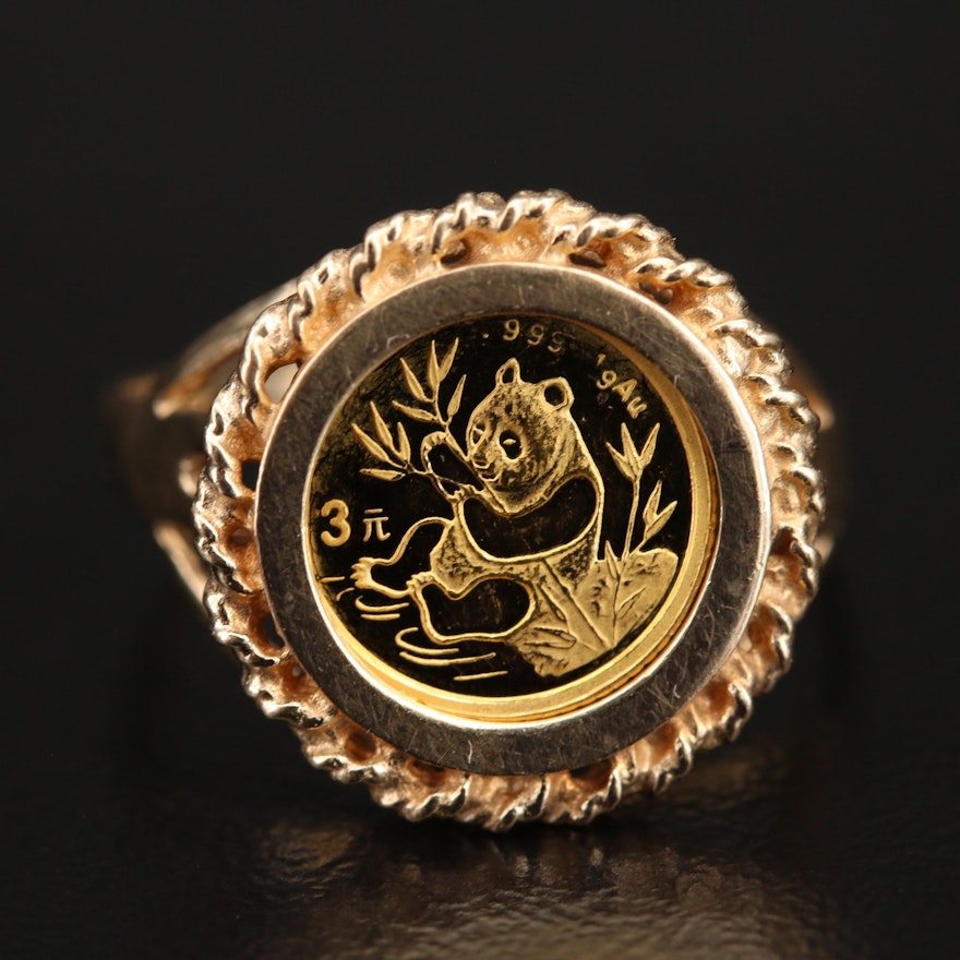 1991 3-Yuan China Panda Gold Bullion in 14K Ring with Rope Detailing