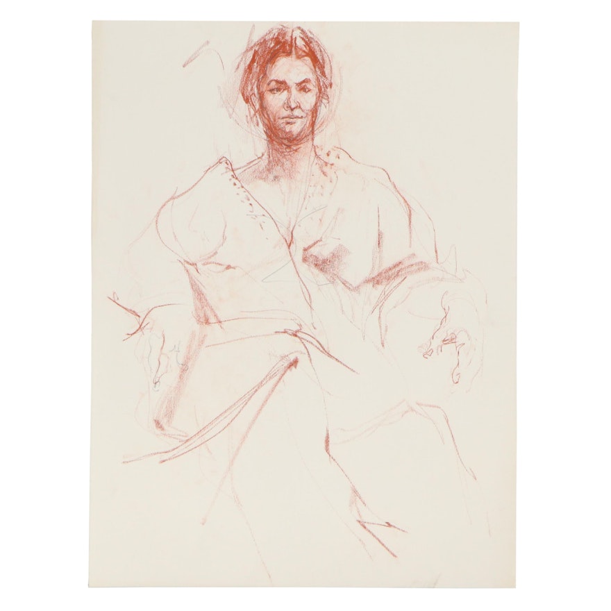 John Tuska Conté Crayon Portrait of Seated Woman, Late 20th Century