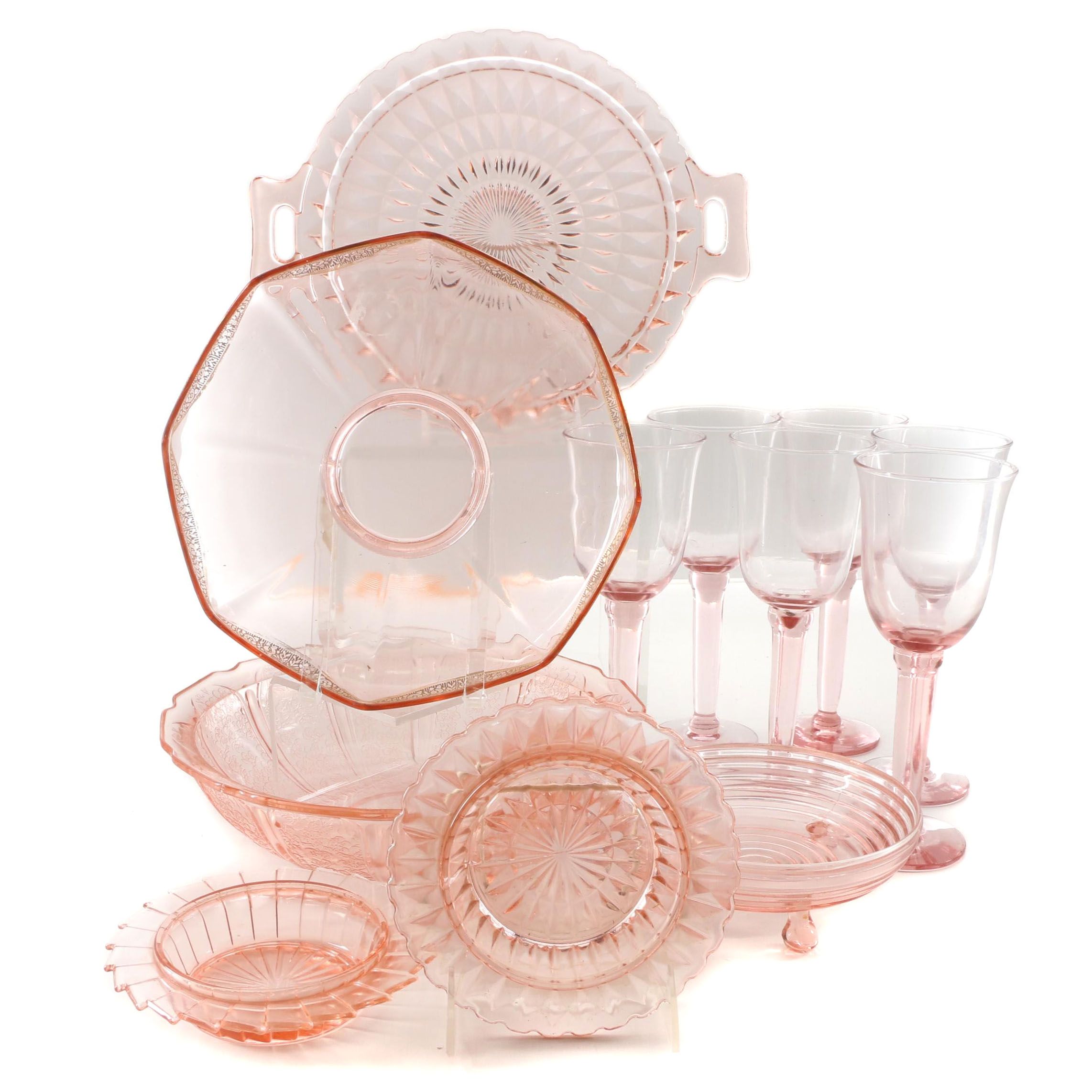 Pink Depression Glass Stemware and Serveware