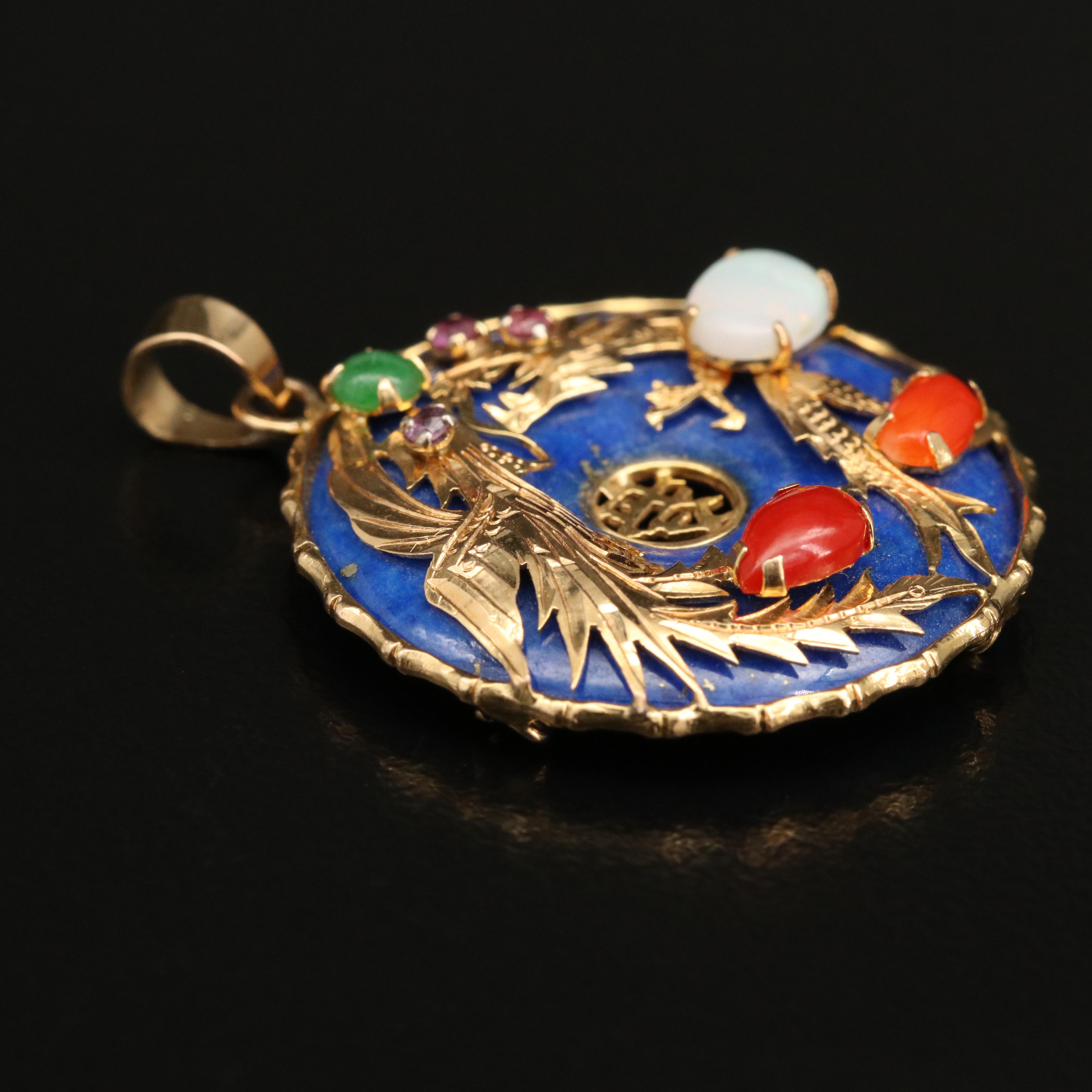 Chinese 14K Lapis Lazuli, Gemstone Bi Disk Phoenix and Dragon Pendant