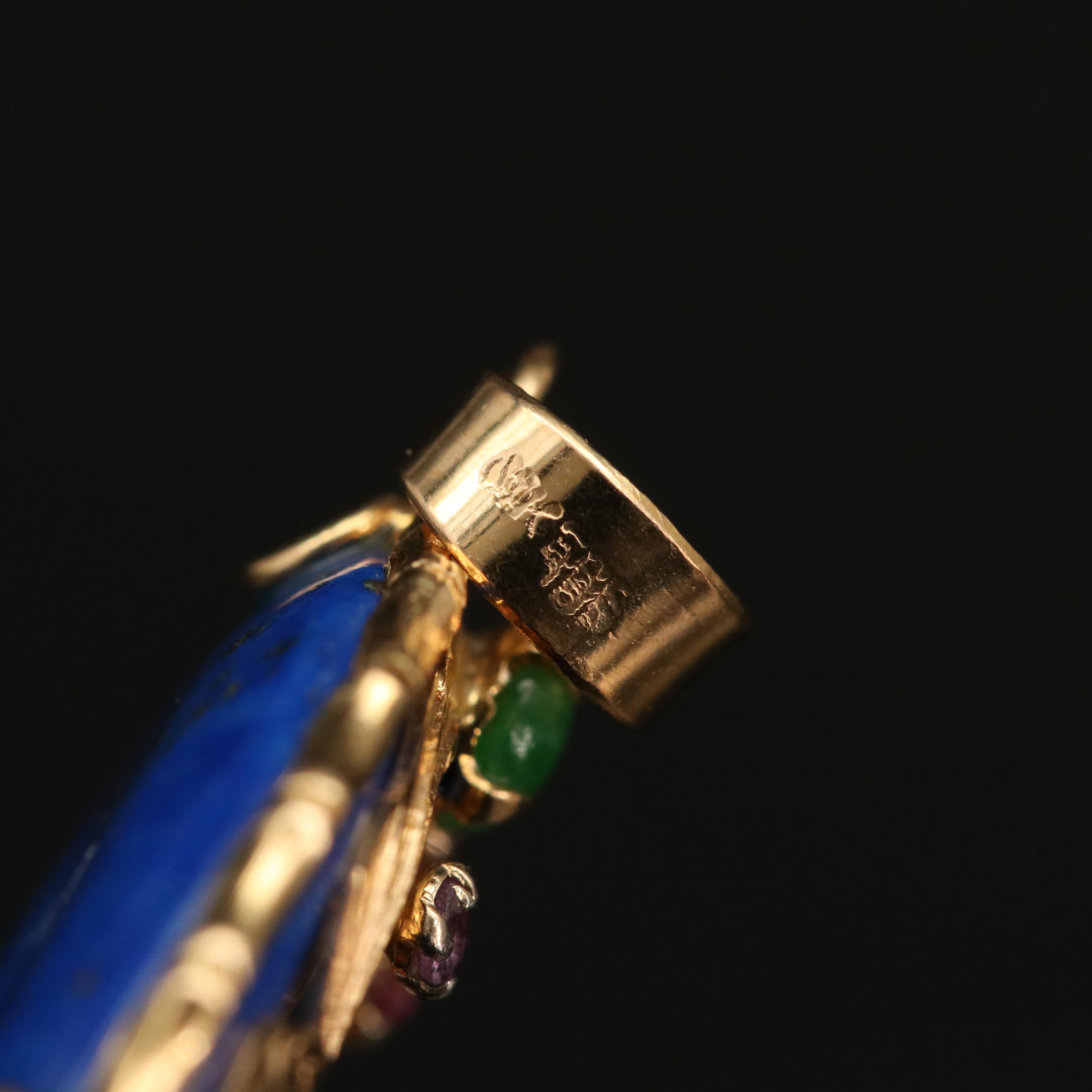 Chinese 14K Lapis Lazuli, Gemstone Bi Disk Phoenix and Dragon Pendant