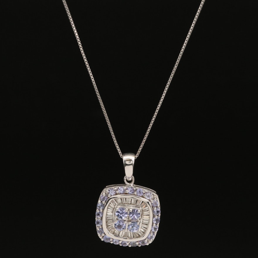 Sterling Tanzanite and Diamond Pendant on Italian Box Link Chain