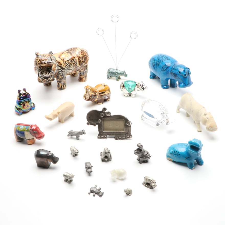 Orrefors Crystal Hippopotamus Figurine with Other Hippopotamus Figurines