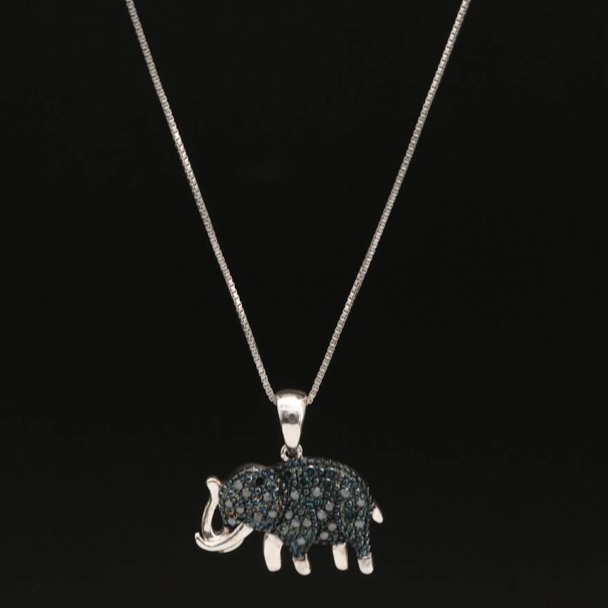 Italian Sterling Pavé Diamond Elephant Pendant Necklace
