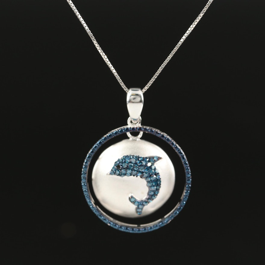 Sterling Silver Blue Diamond Dolphin Pendant Necklace