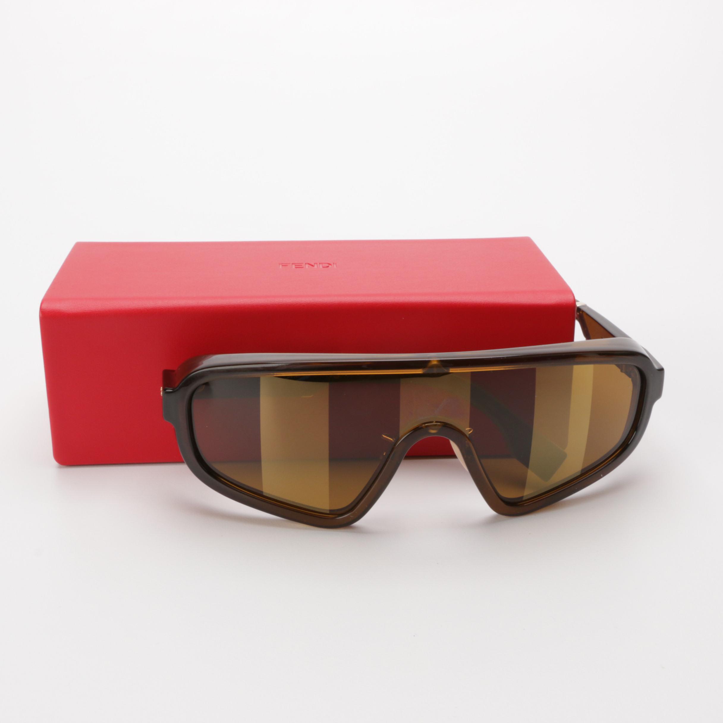 Fendi Pequin Striped Lens Shield Sunglasses with Red Case