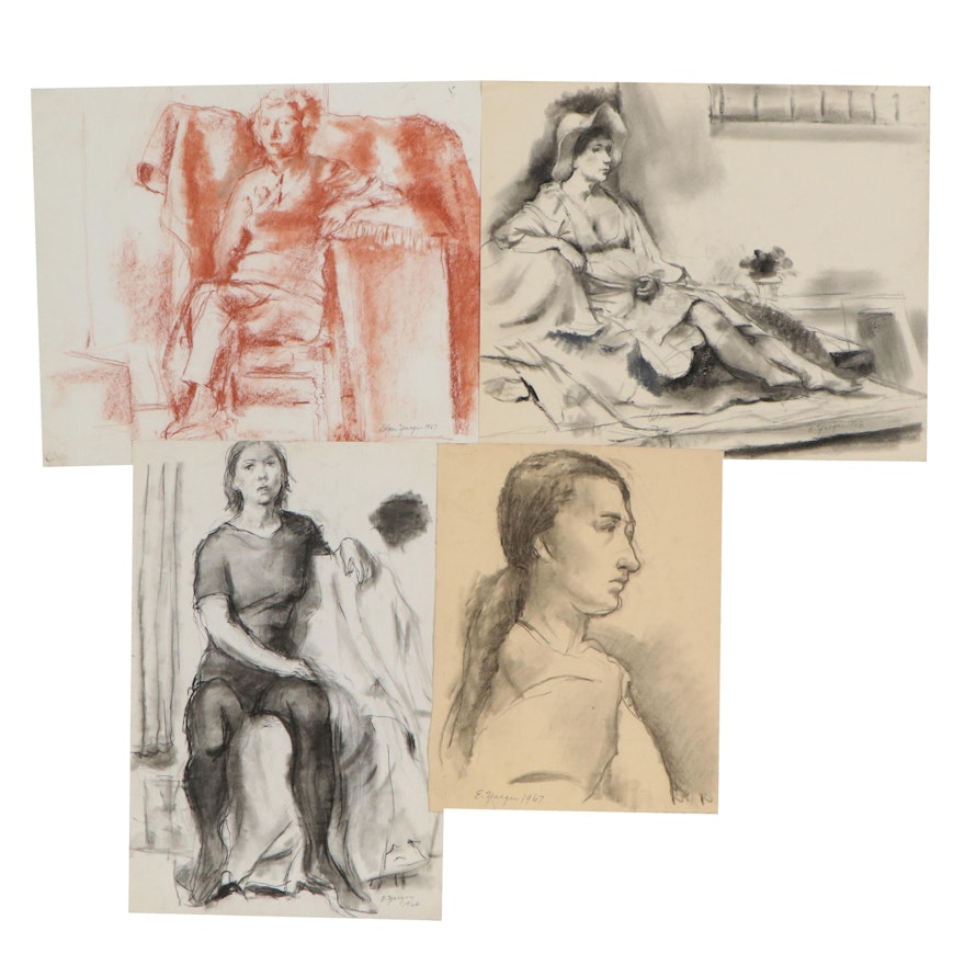 Edgar Yeager Figural Charcoal and Sanguine Conté Crayon Drawings, 1966 - 1968