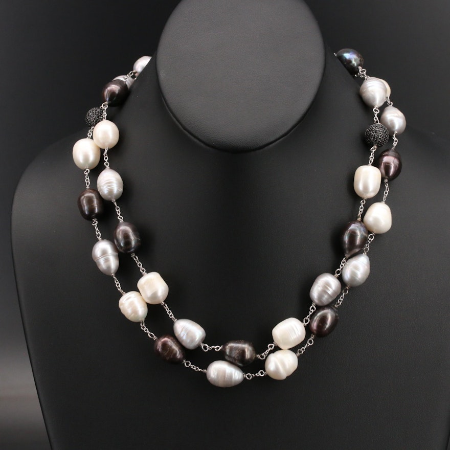 Sterling Pearl and Black Spinel Beaded Necklace