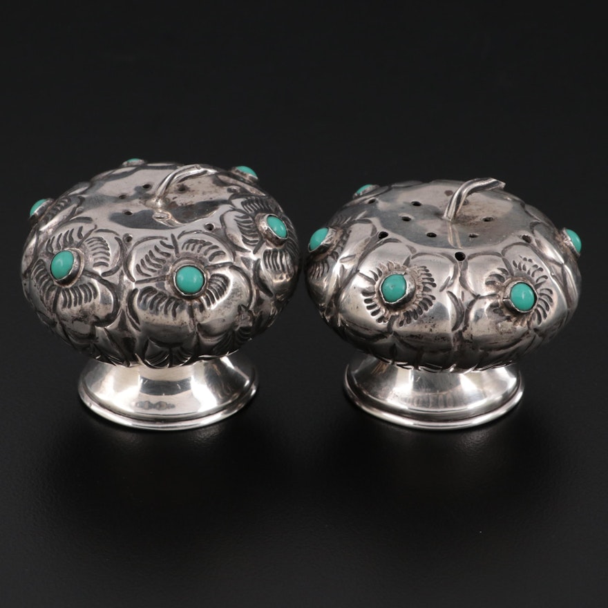 Mexican Sterling Silver and Turquoise Shakers, Mid-20th Century