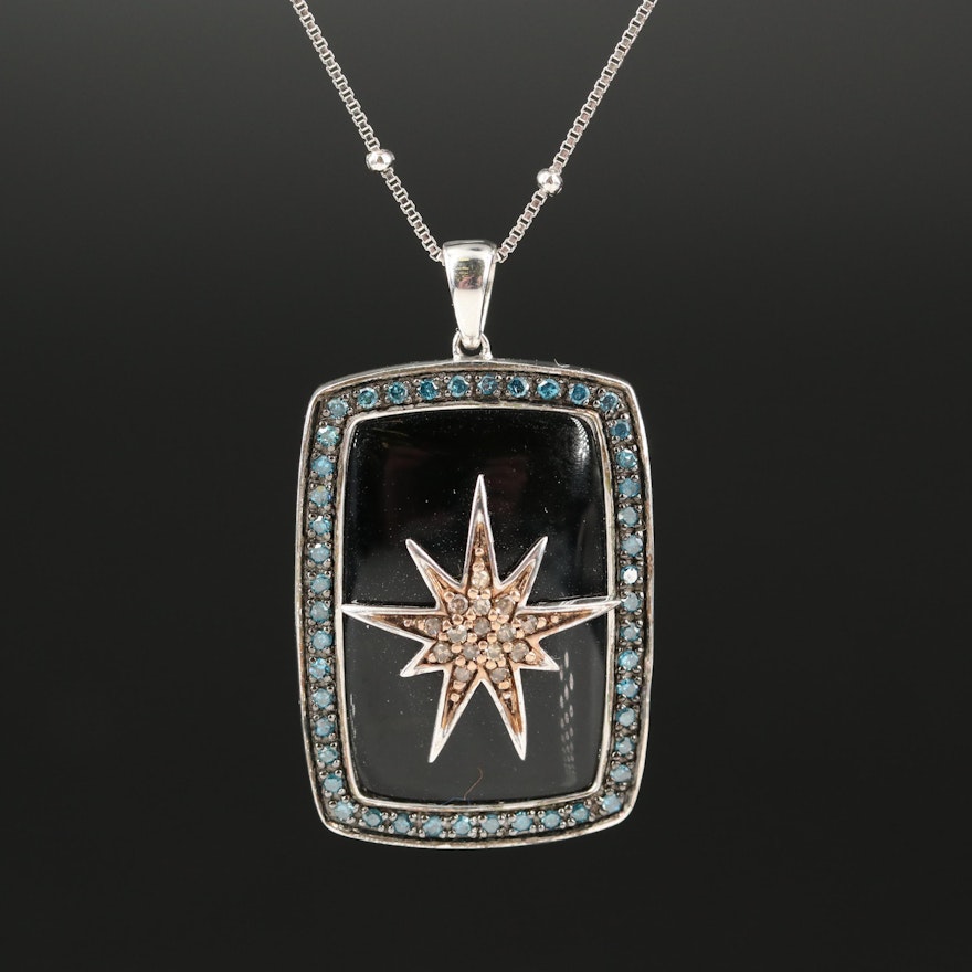 Sterling Black Onyx and Diamond Starburst Station Bead Pendant Necklace