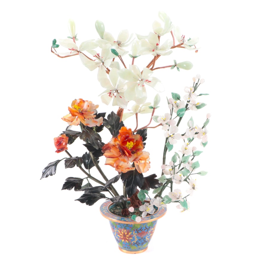 Chinese Serpentine, Agate and Rose Quartz Floral Display with Cloisonné Base