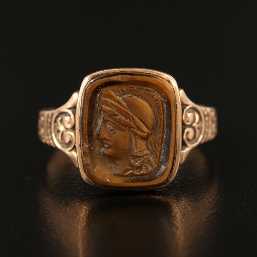 Circa 1900s 10K Tiger's Eye Recessed Cameo Roman Soldier Ring