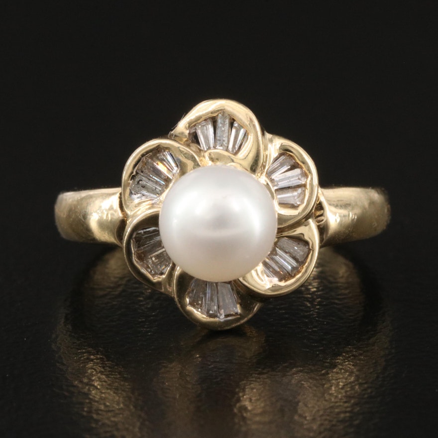 14K Pearl and Diamond Flower Ring