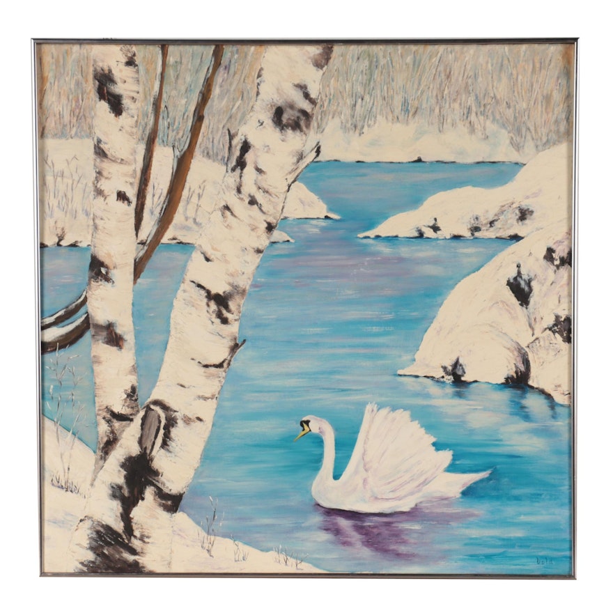 Swan in Winter Landscape Oil Painting, Late 20th Century