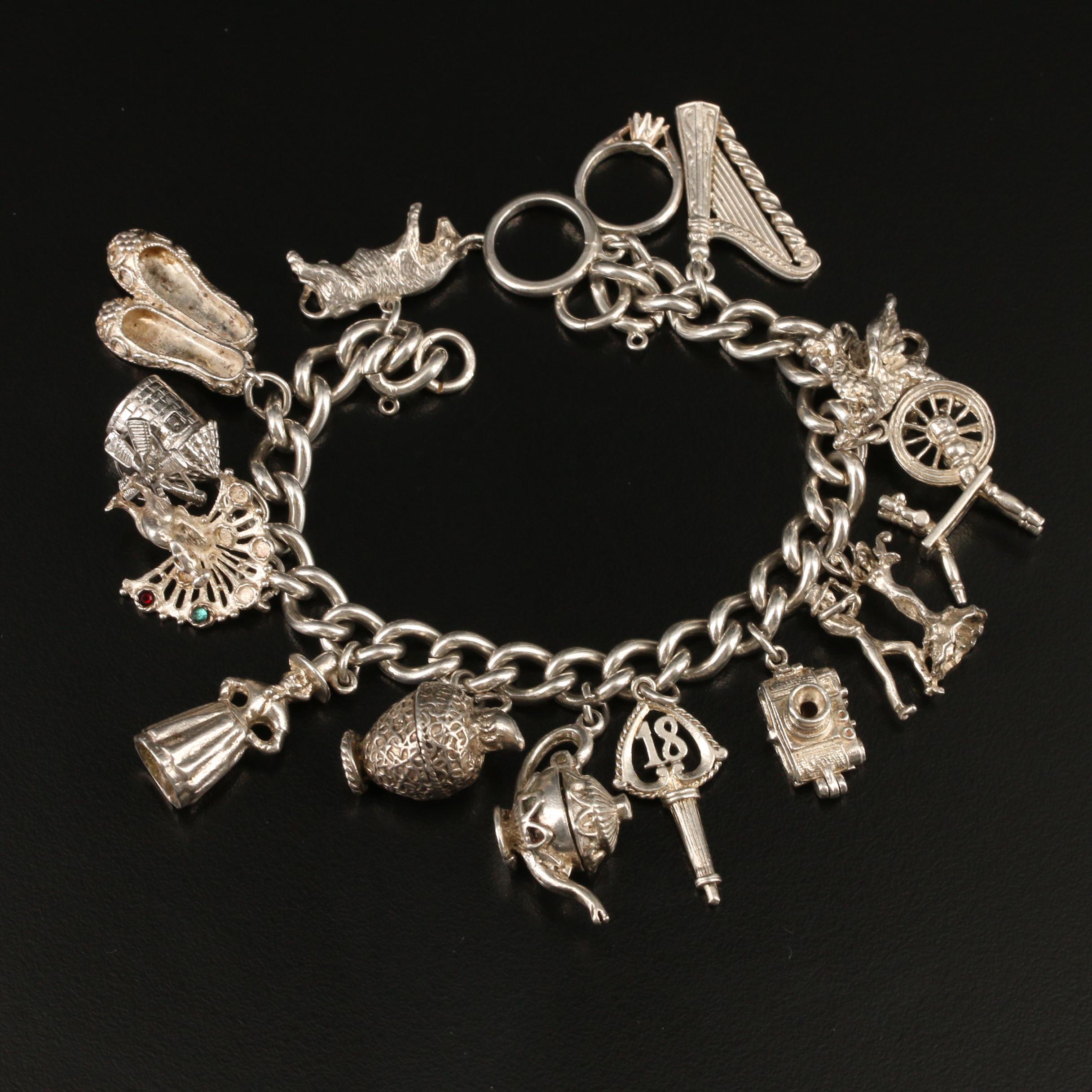 Sterling Charm Bracelet With Rhinestone Accents
