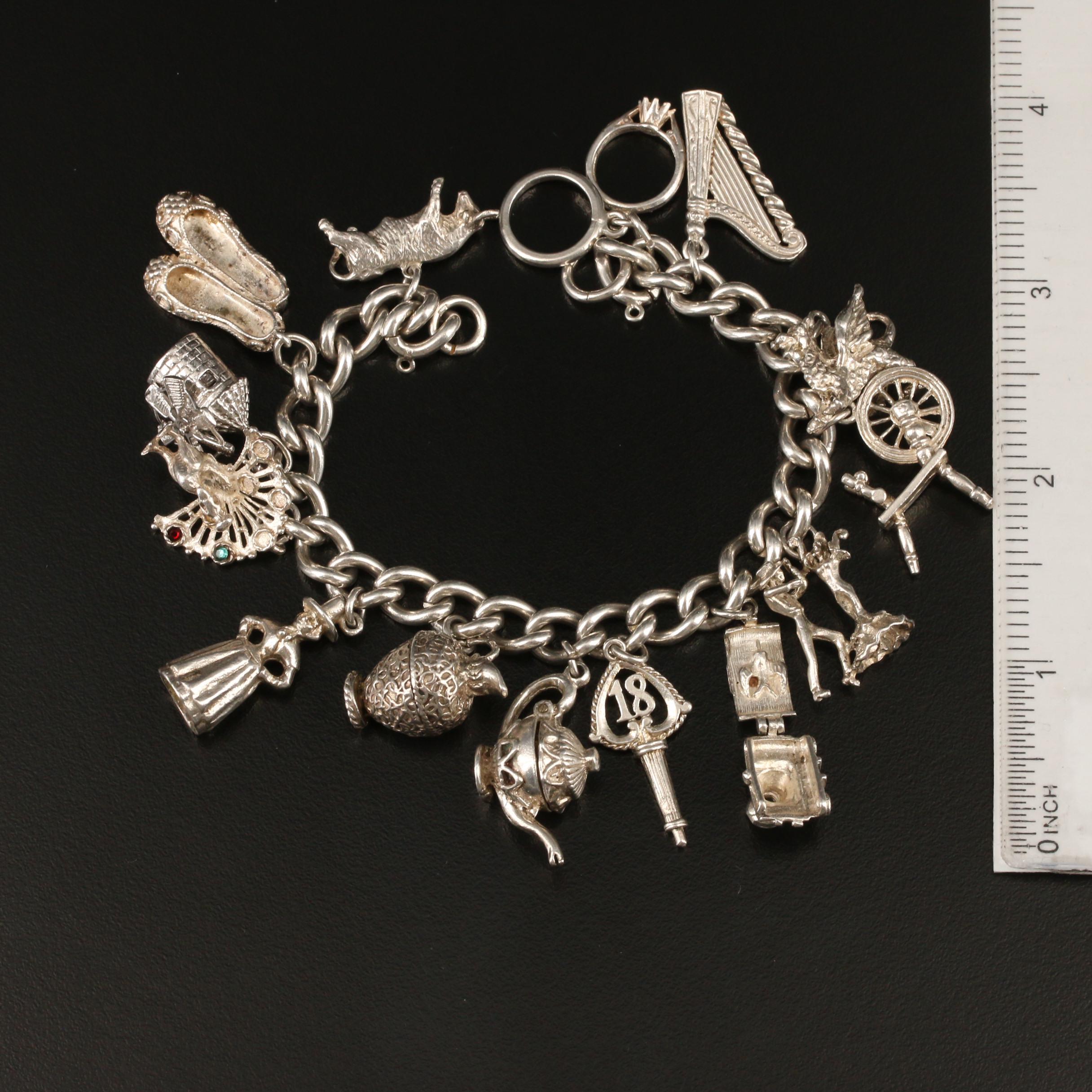 Sterling Charm Bracelet With Rhinestone Accents