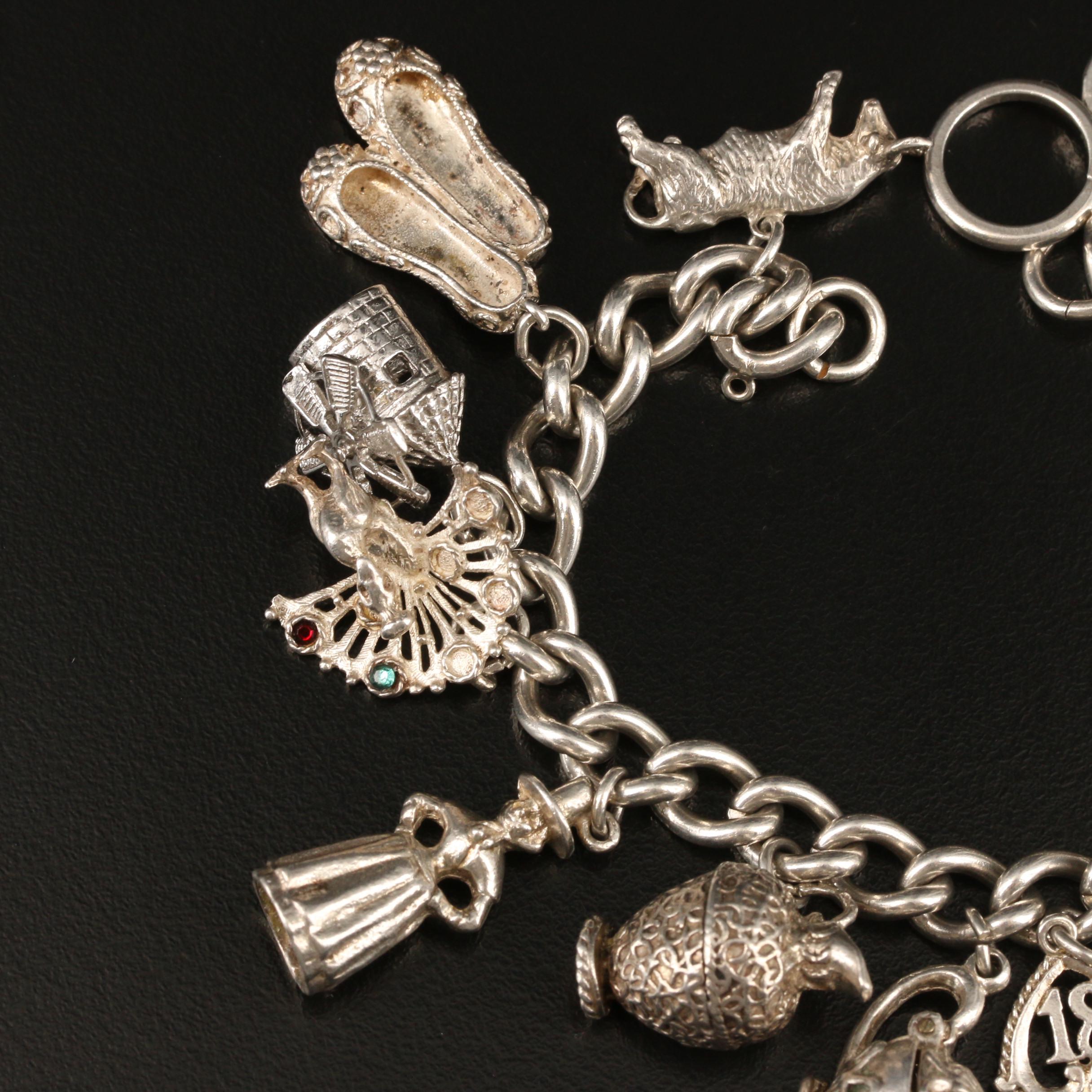 Sterling Charm Bracelet With Rhinestone Accents